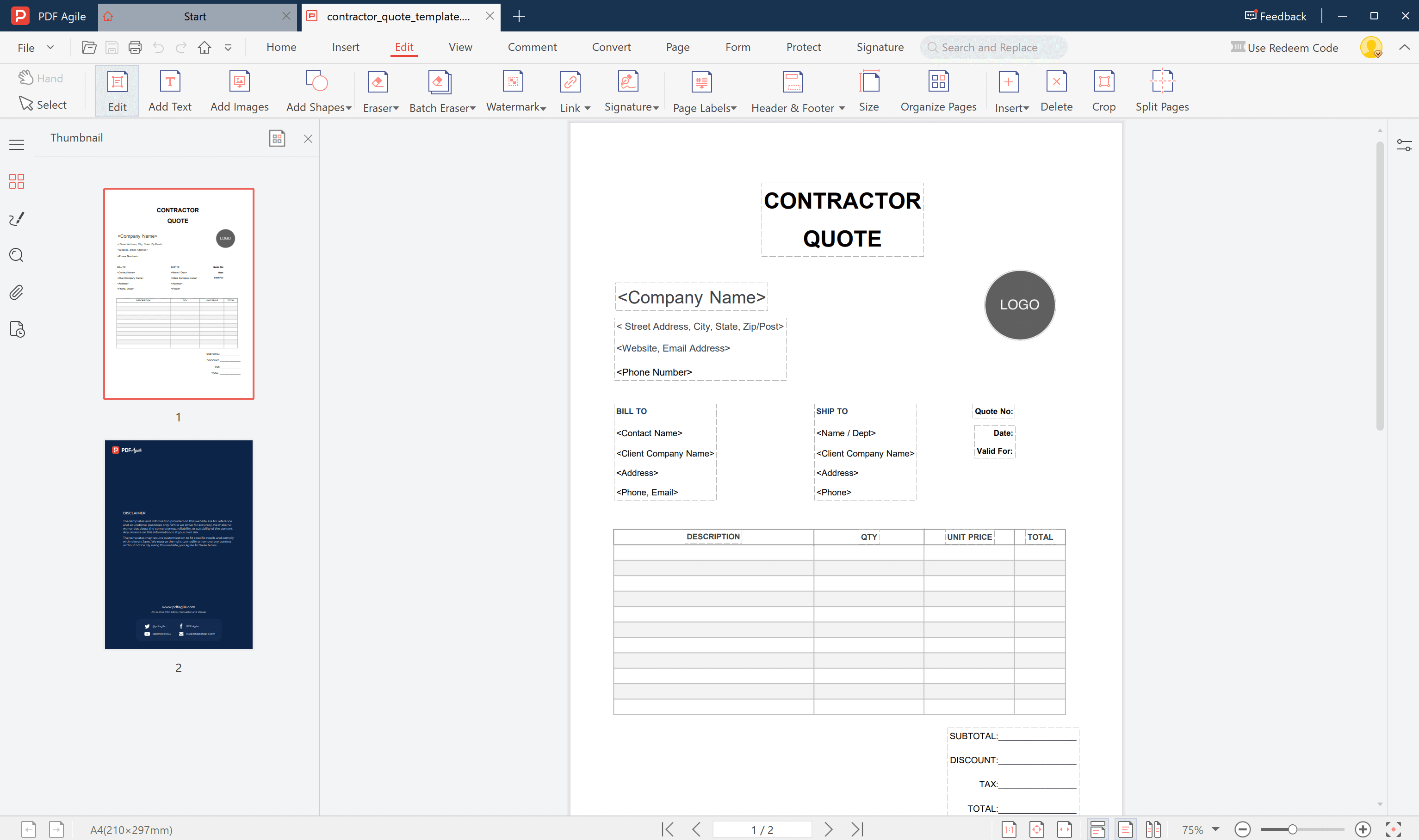contractor quote template open and customize