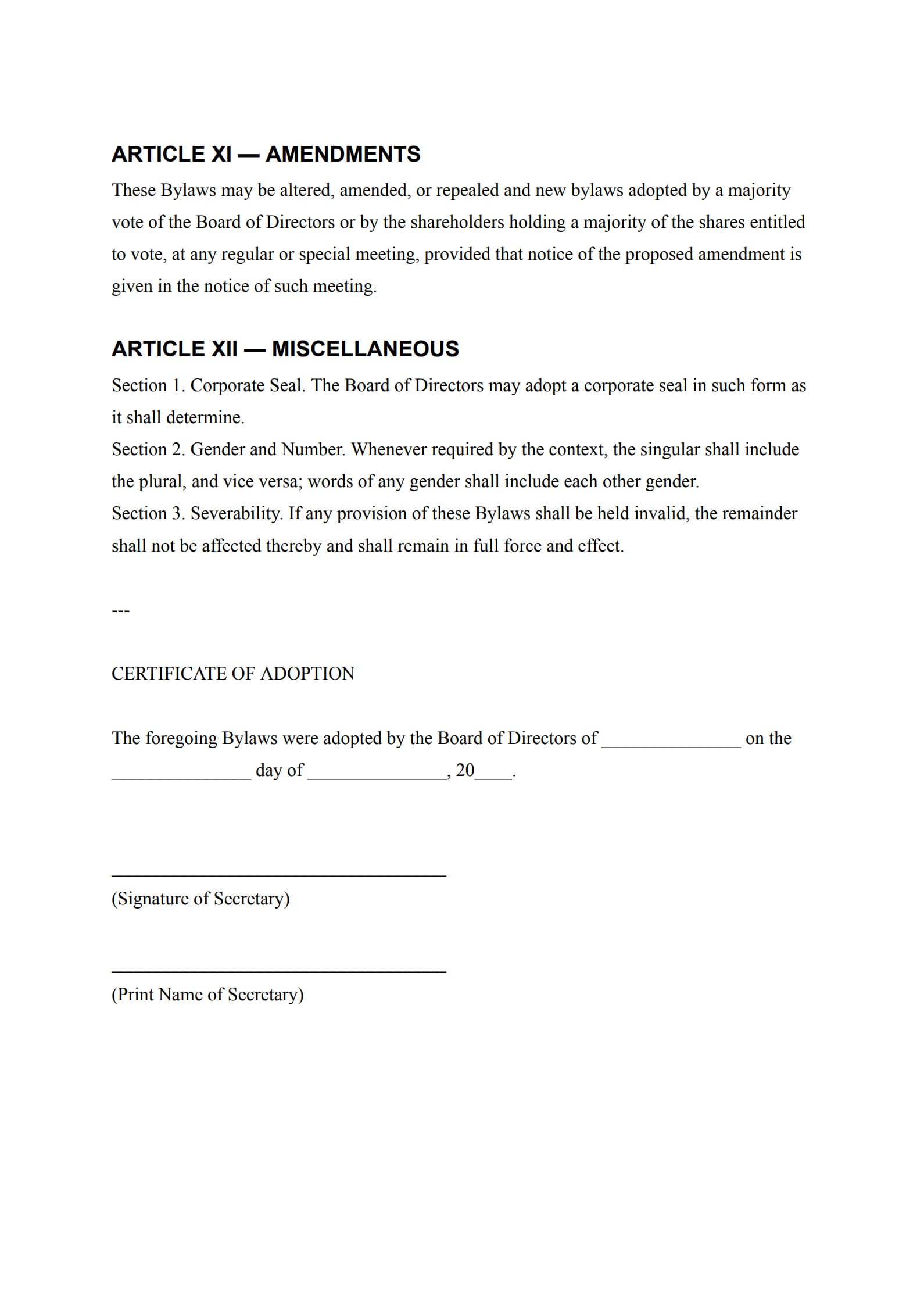 corporate bylaws template 4