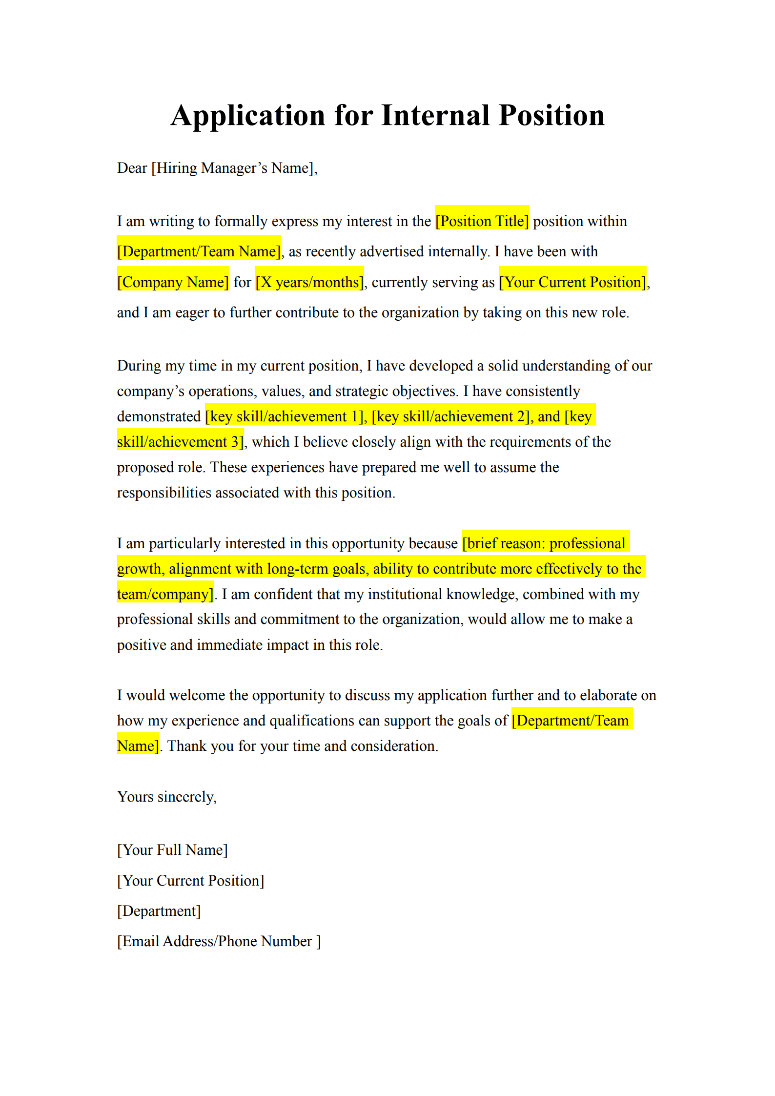 cover letter for an internal position