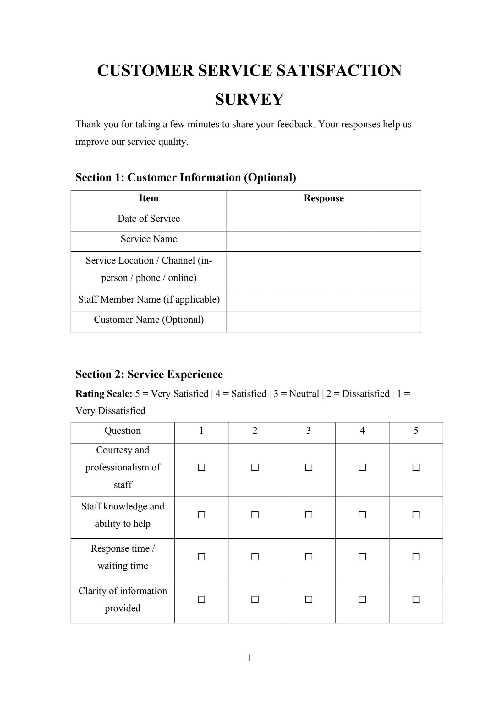 customer service satisfaction survey template 1