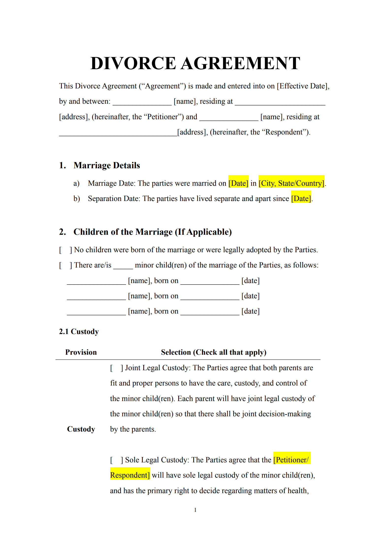 divorce agreement template