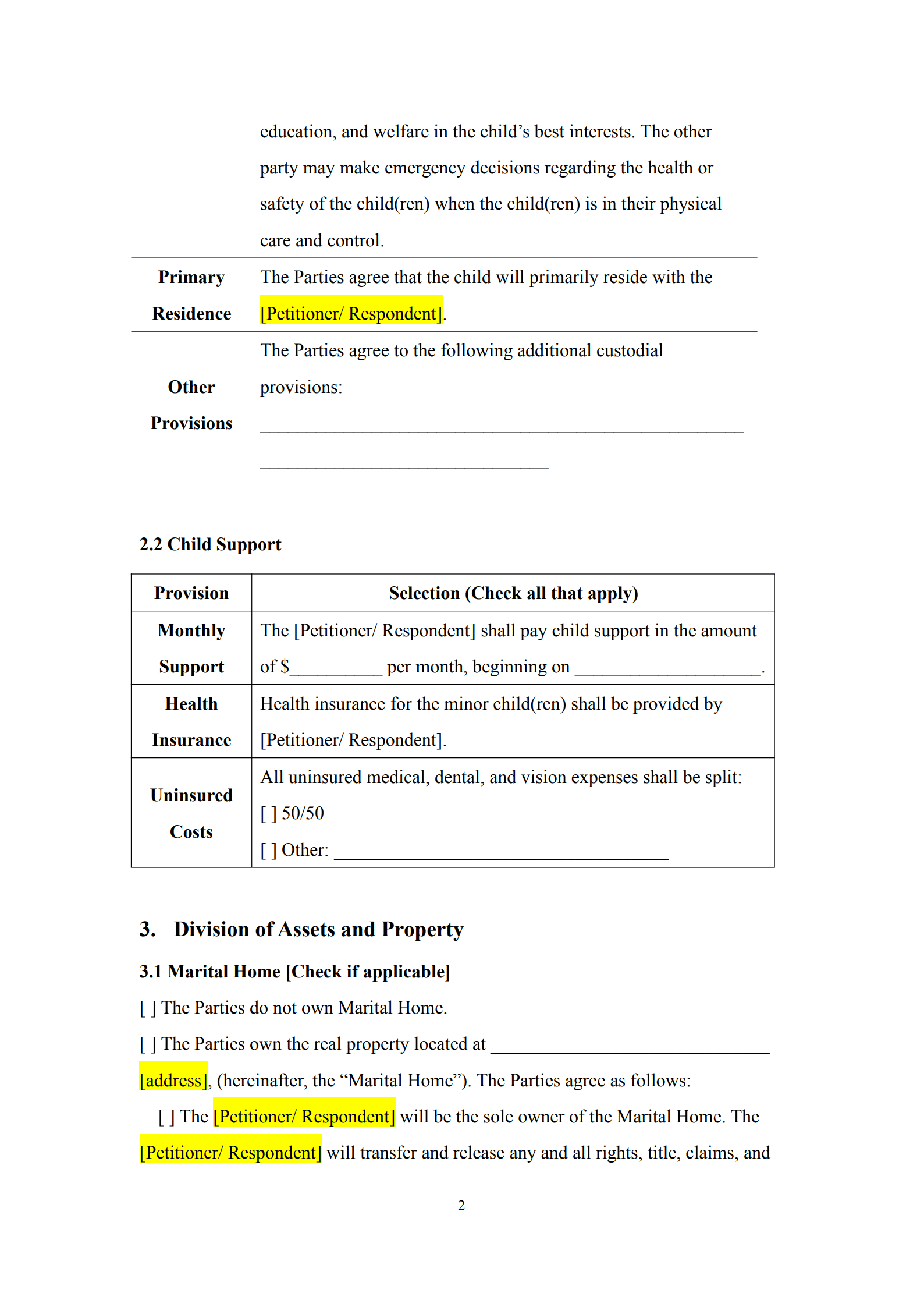 divorce agreement template 2