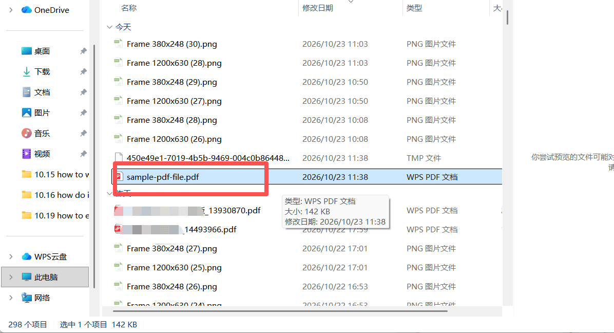 Downloaded sample-pdf-file.pdf selected in the Windows Downloads folder