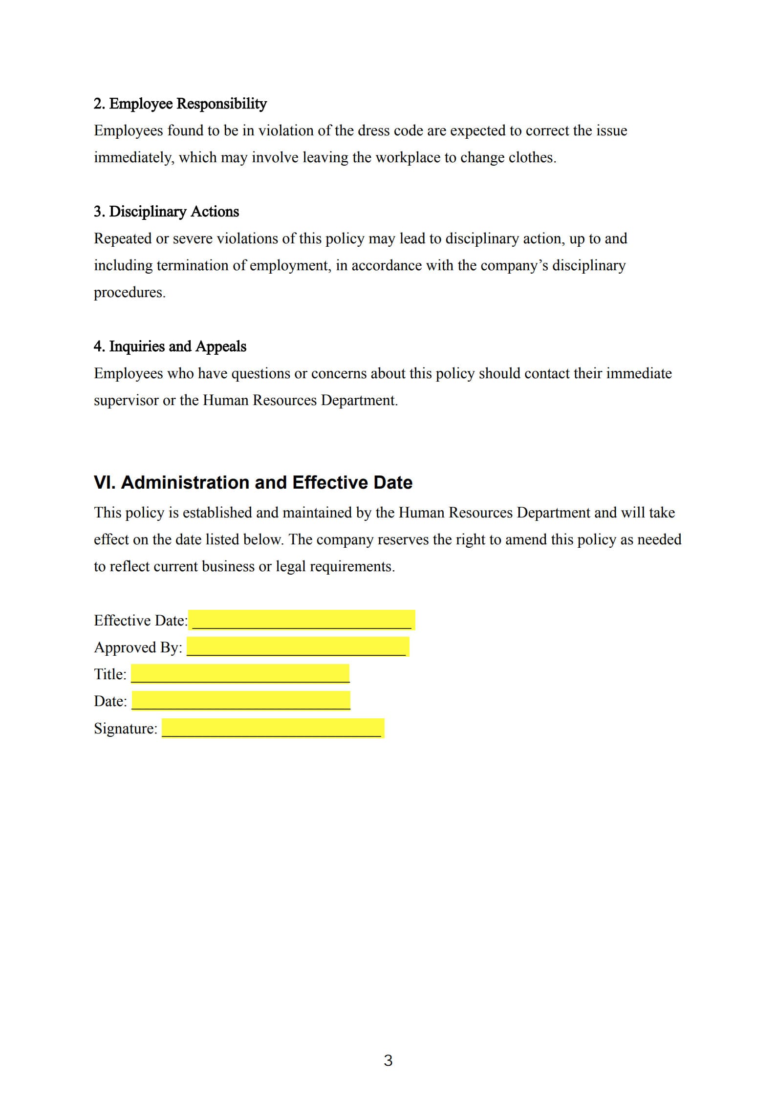 dress code policy template