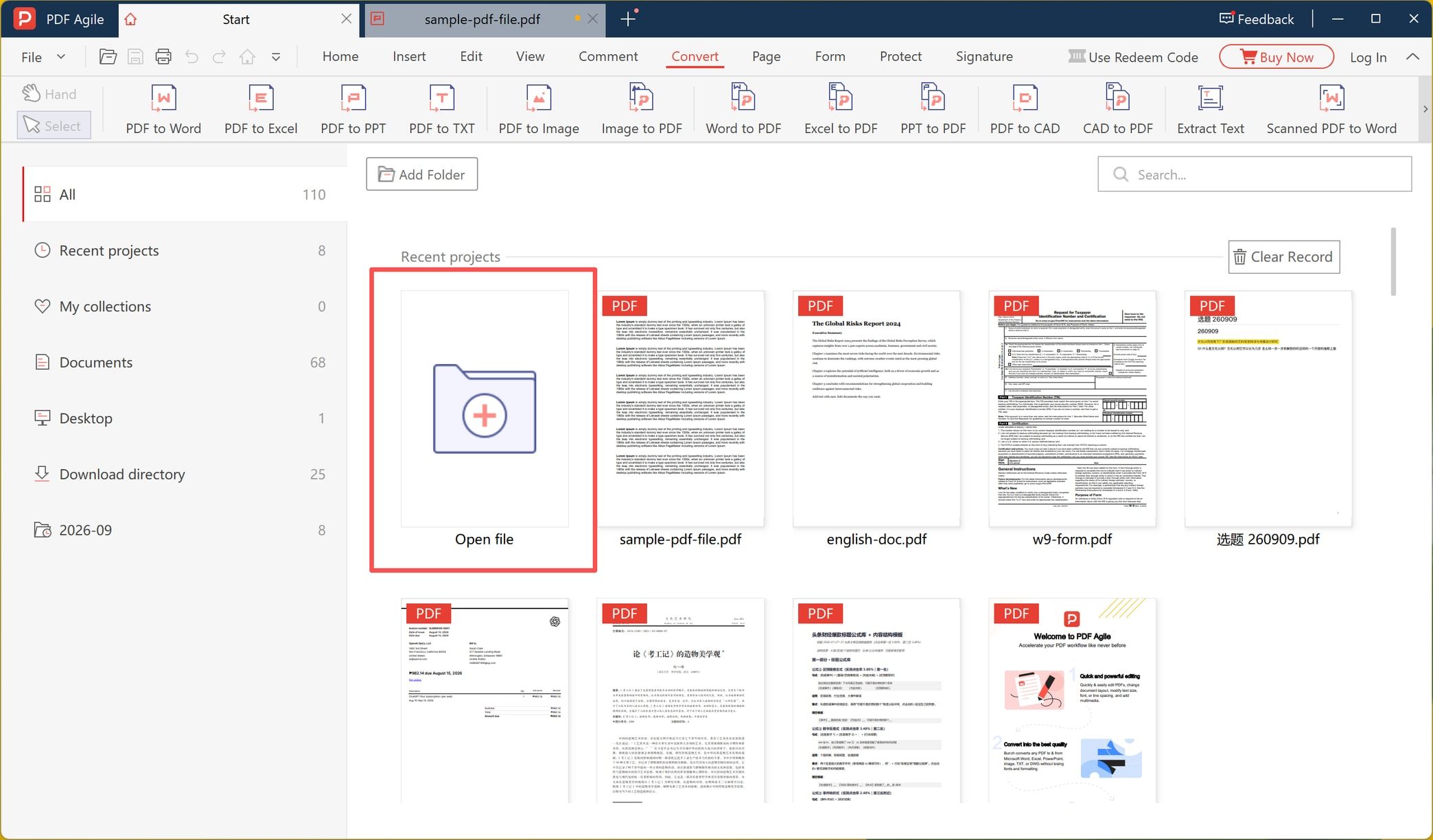 PDF editor start screen with the Open file tile above a grid of recent PDF projects