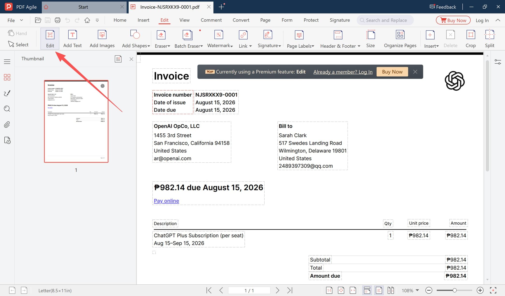 Edit tab selected with the Add Text tool on the editing toolbar