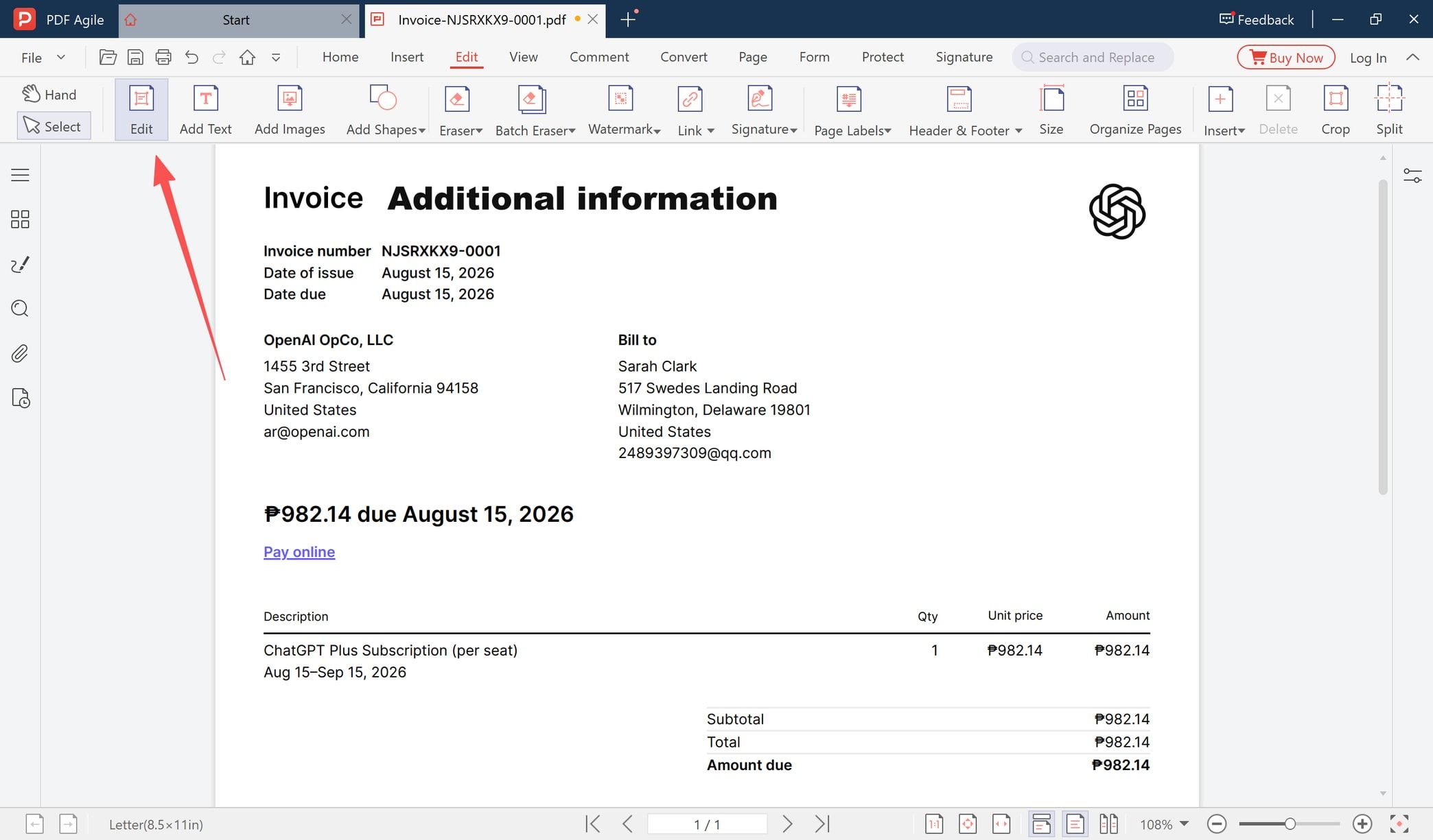 Edit tab open on the ribbon of a PDF editor with the Eraser and Batch Eraser tools visible