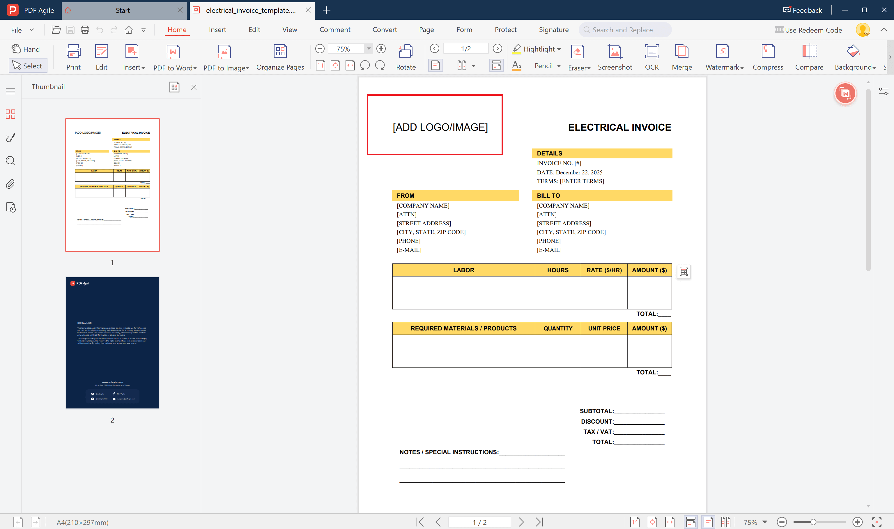 electrical invoice template add
