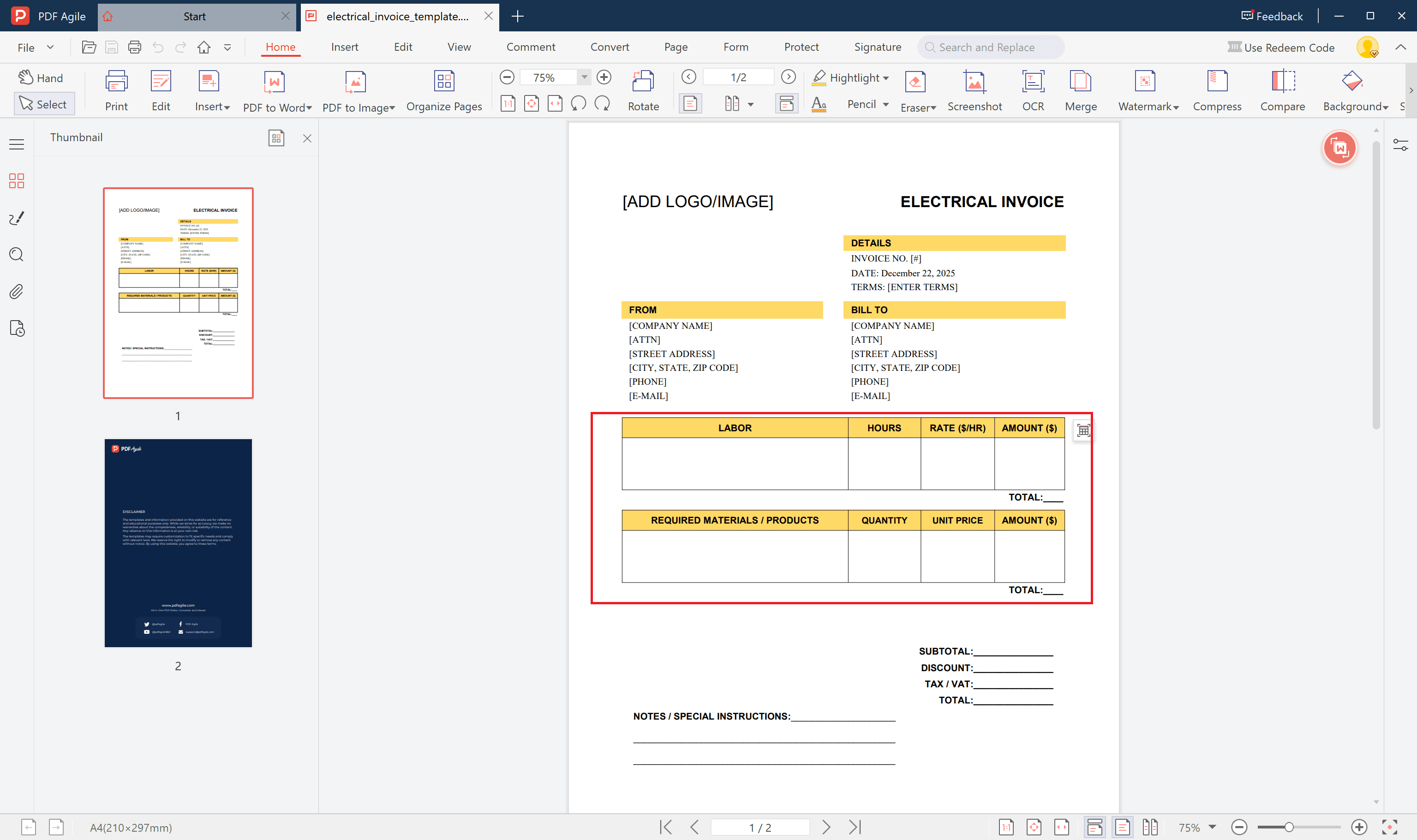 electrical invoice template itemize