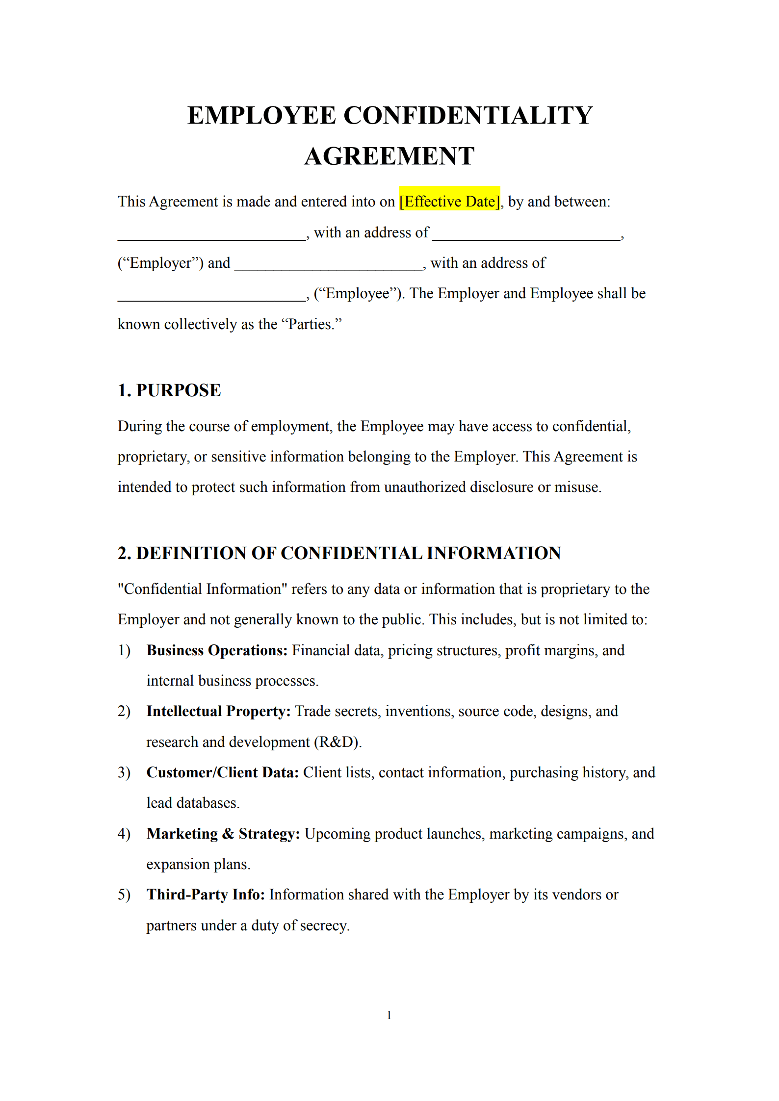employee confidentiality agreement template 1