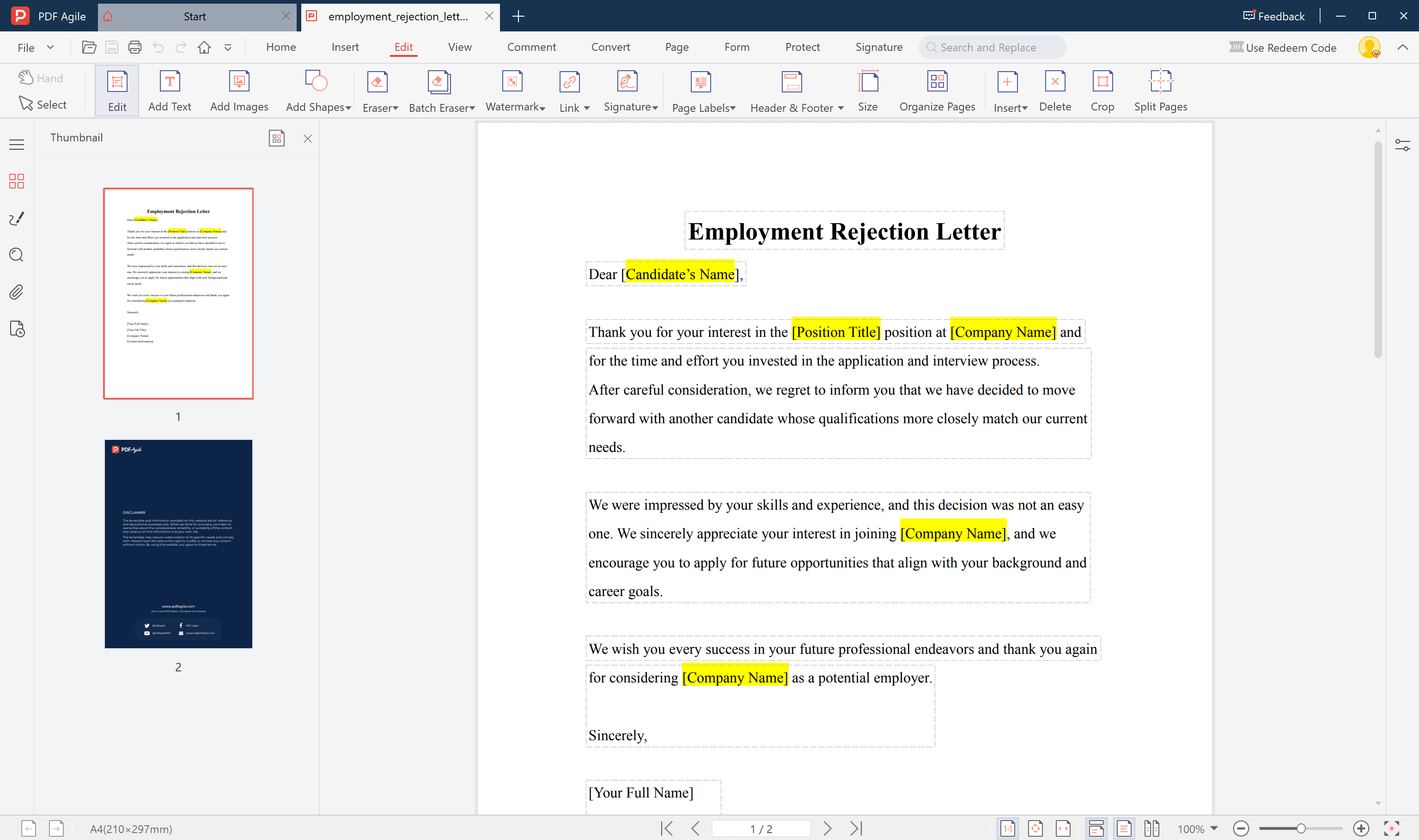Customize candidate details and position title.