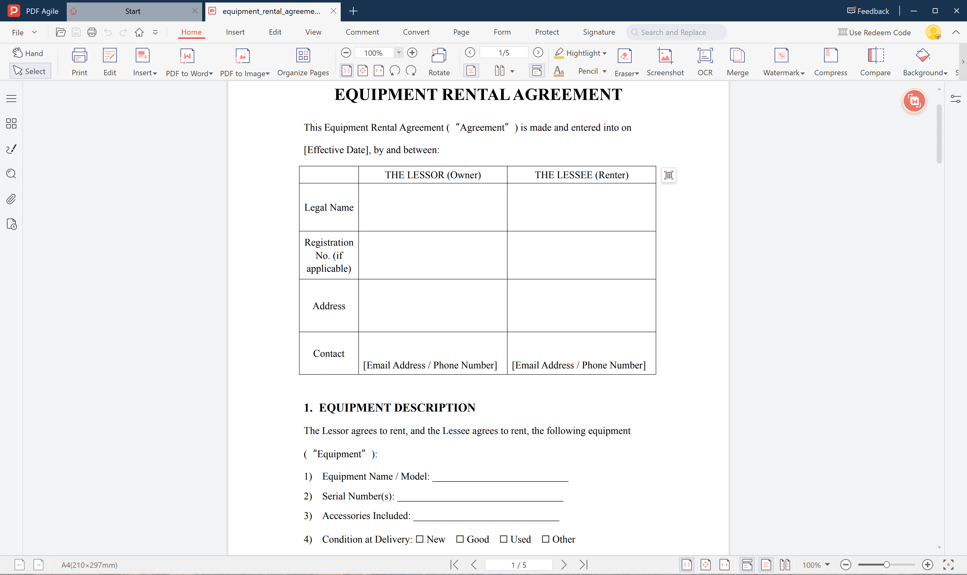 Fill in Equipment and Party Information