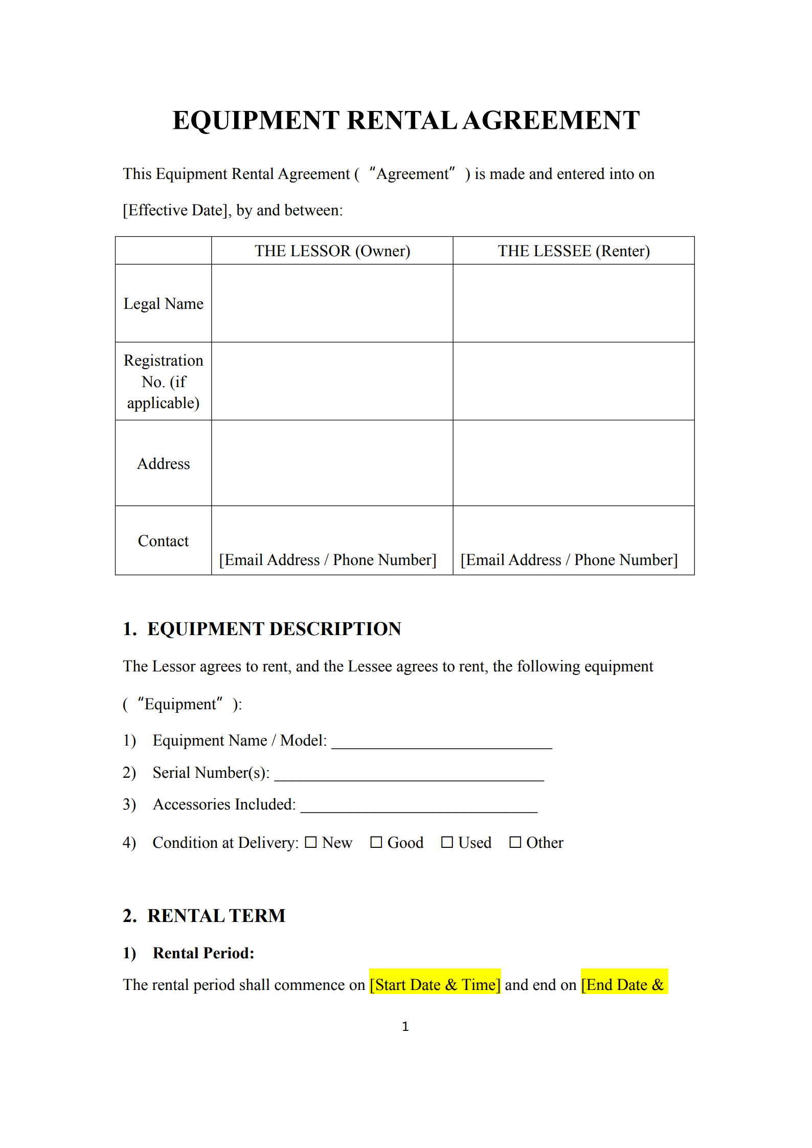equipment rental agreement