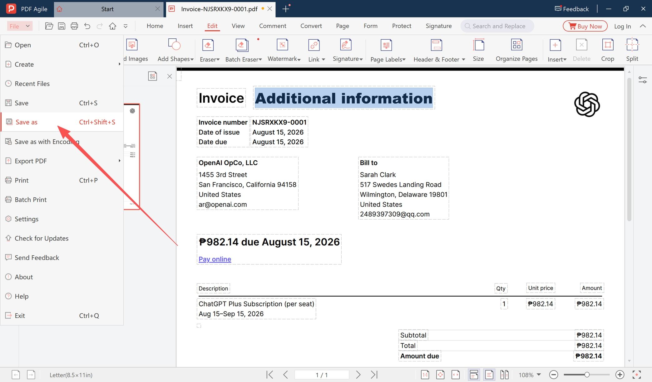 File menu open with the Save as option highlighted in a PDF editor
