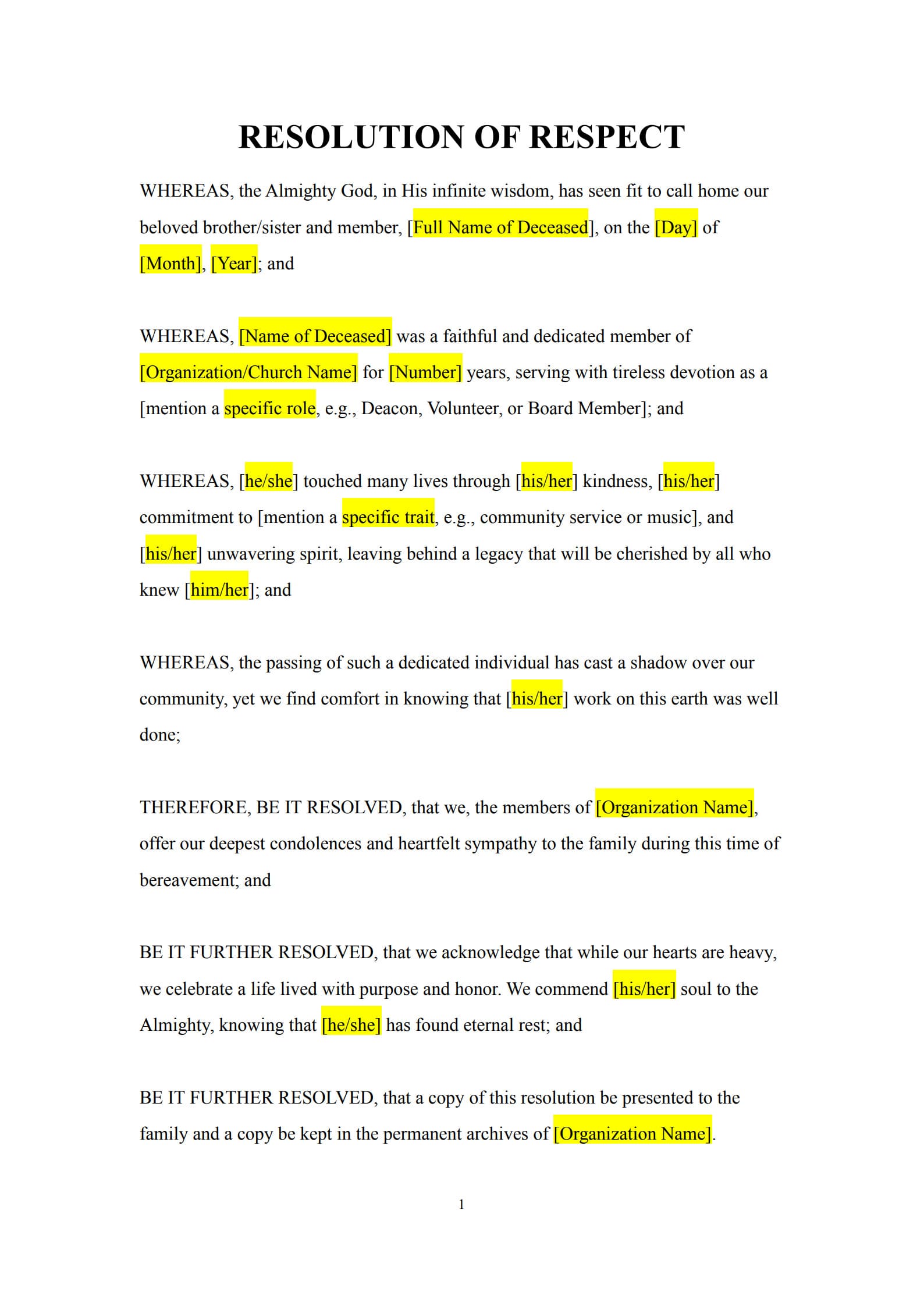 Funeral Resolution Template