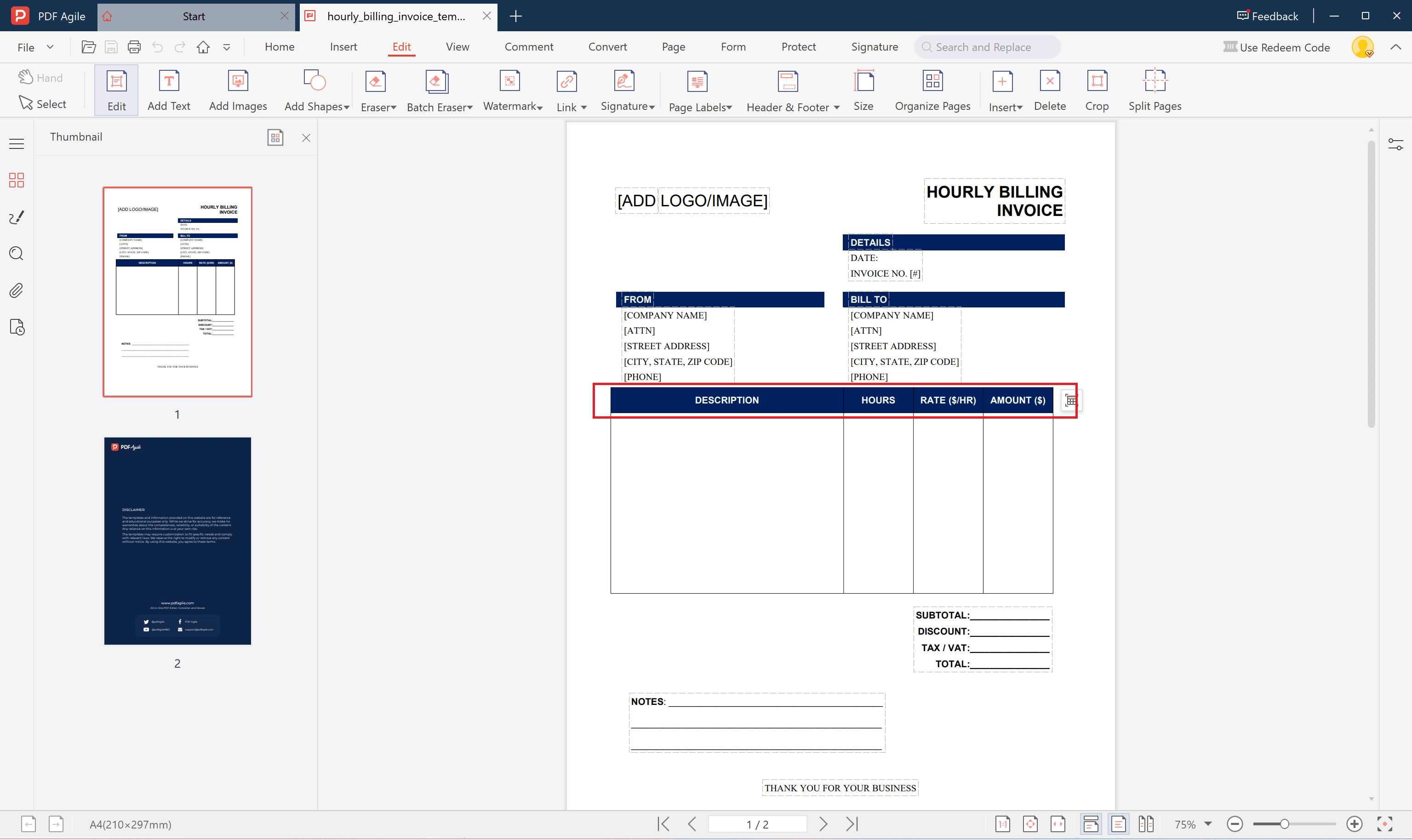 hourly billing invoice template fill in