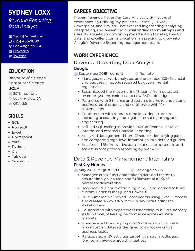 data analyst tableau resume