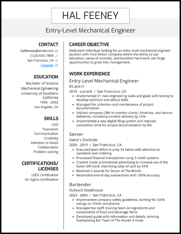 Entry-Level Mechanical Engineer Resume 