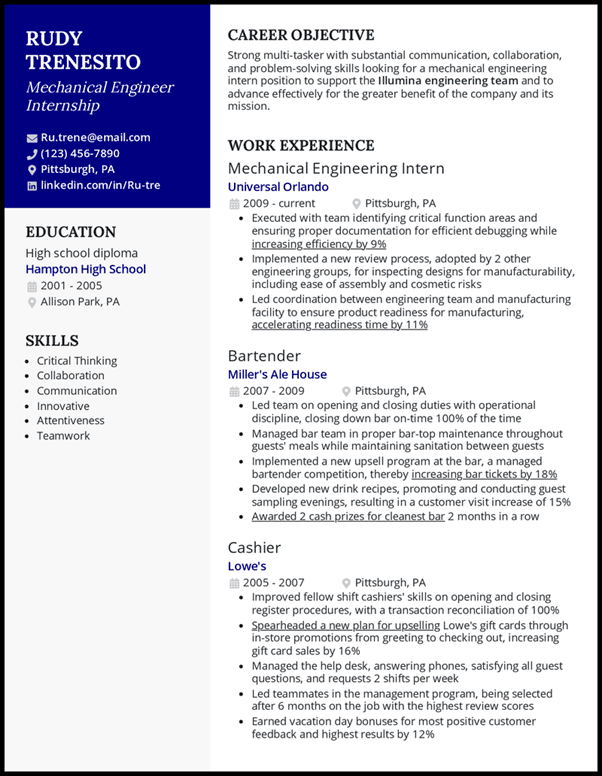 Mechanical Engineer Internship Resume 