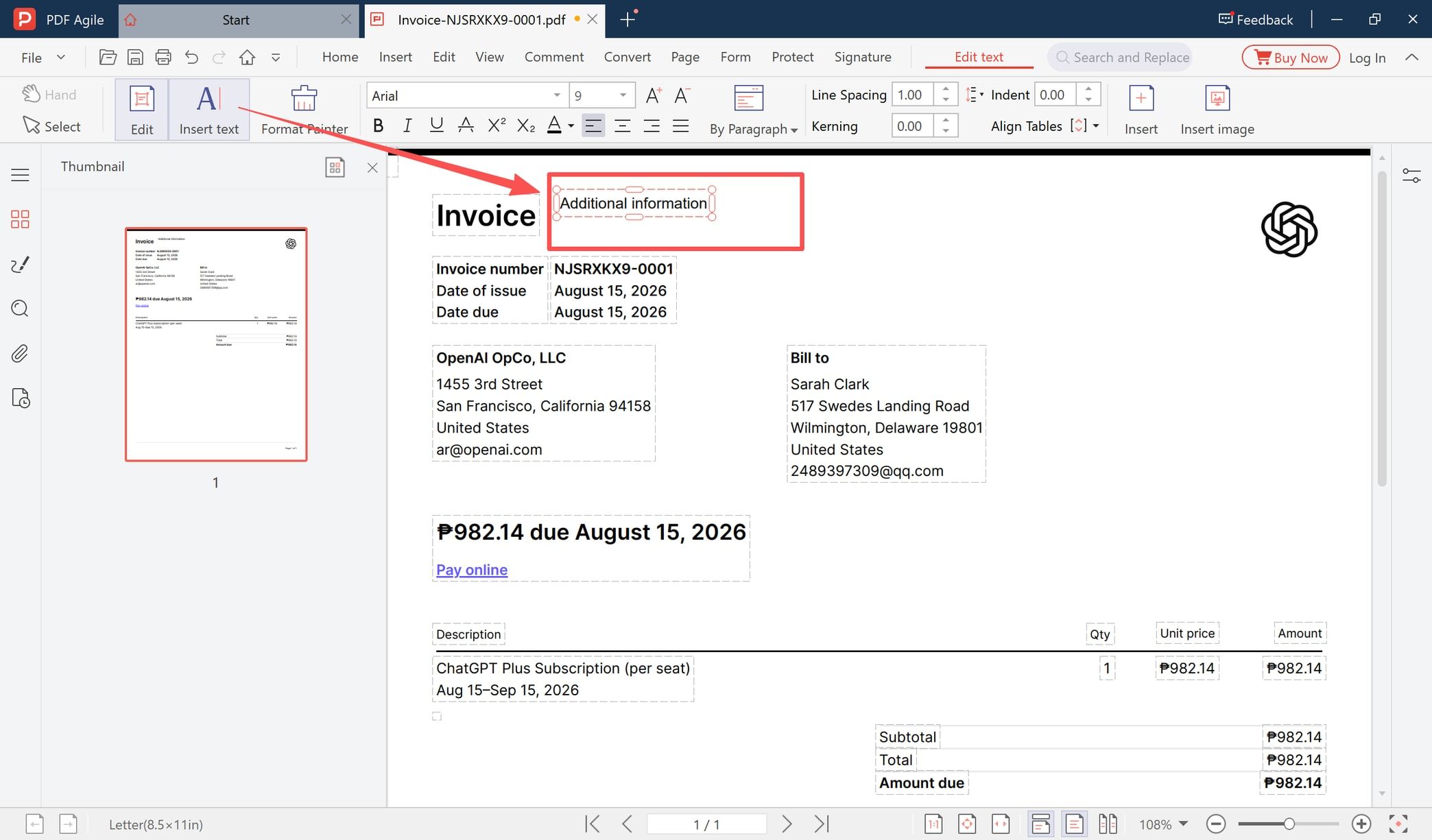 Text box reading Additional information placed above the Invoice heading of a PDF