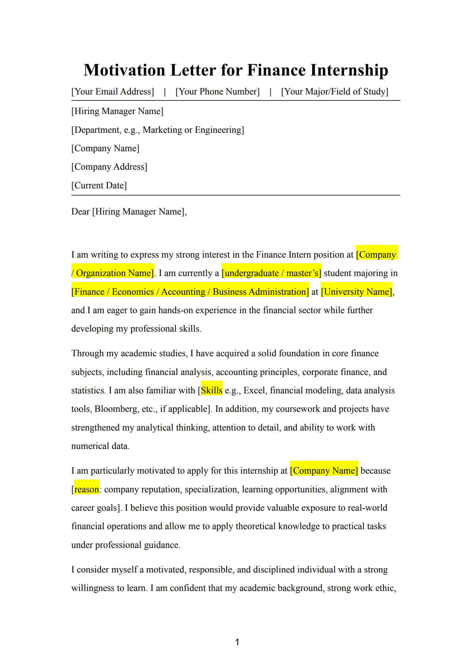 Motivation Letter for Internship in Finance