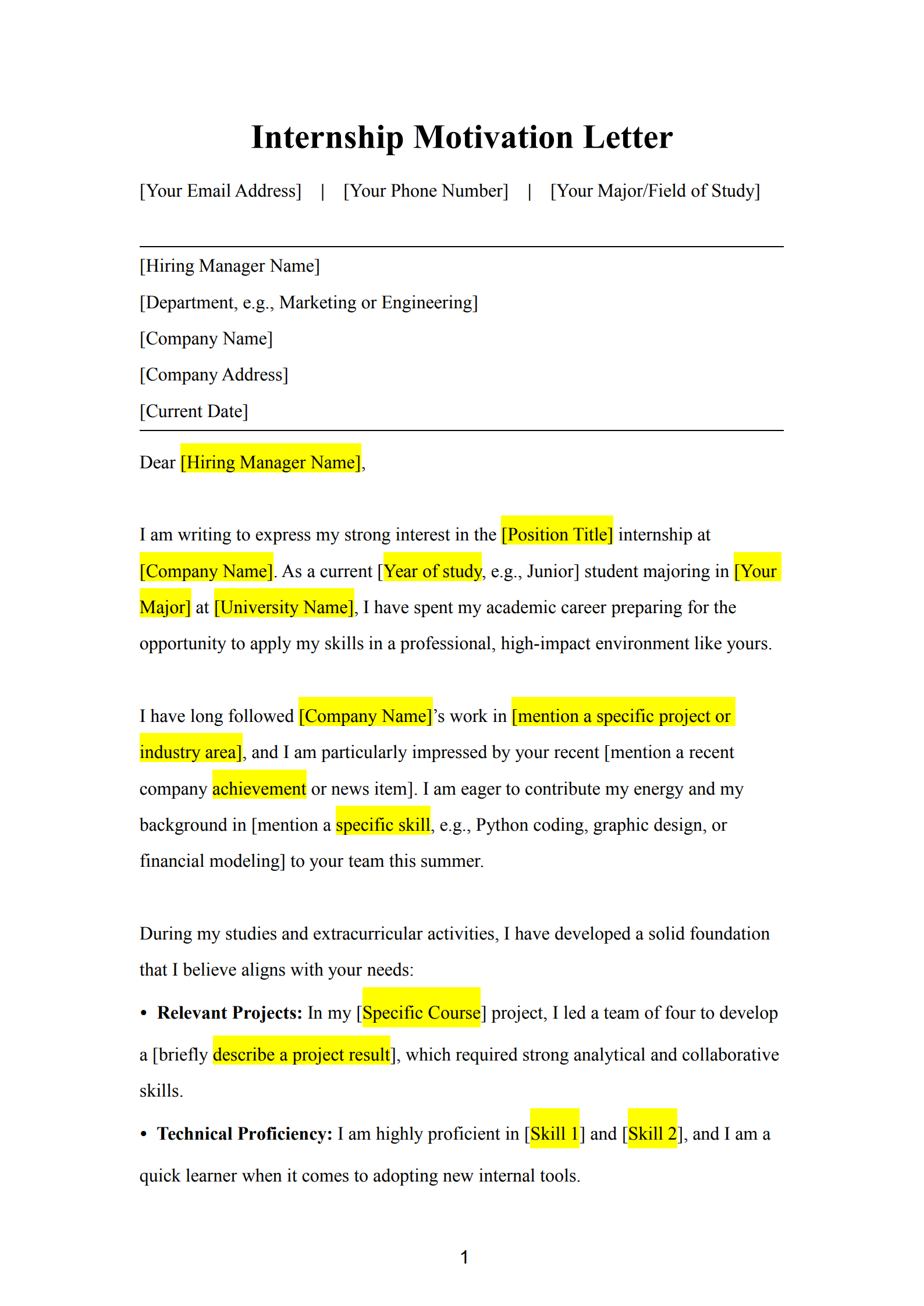 internship motivation letter sample