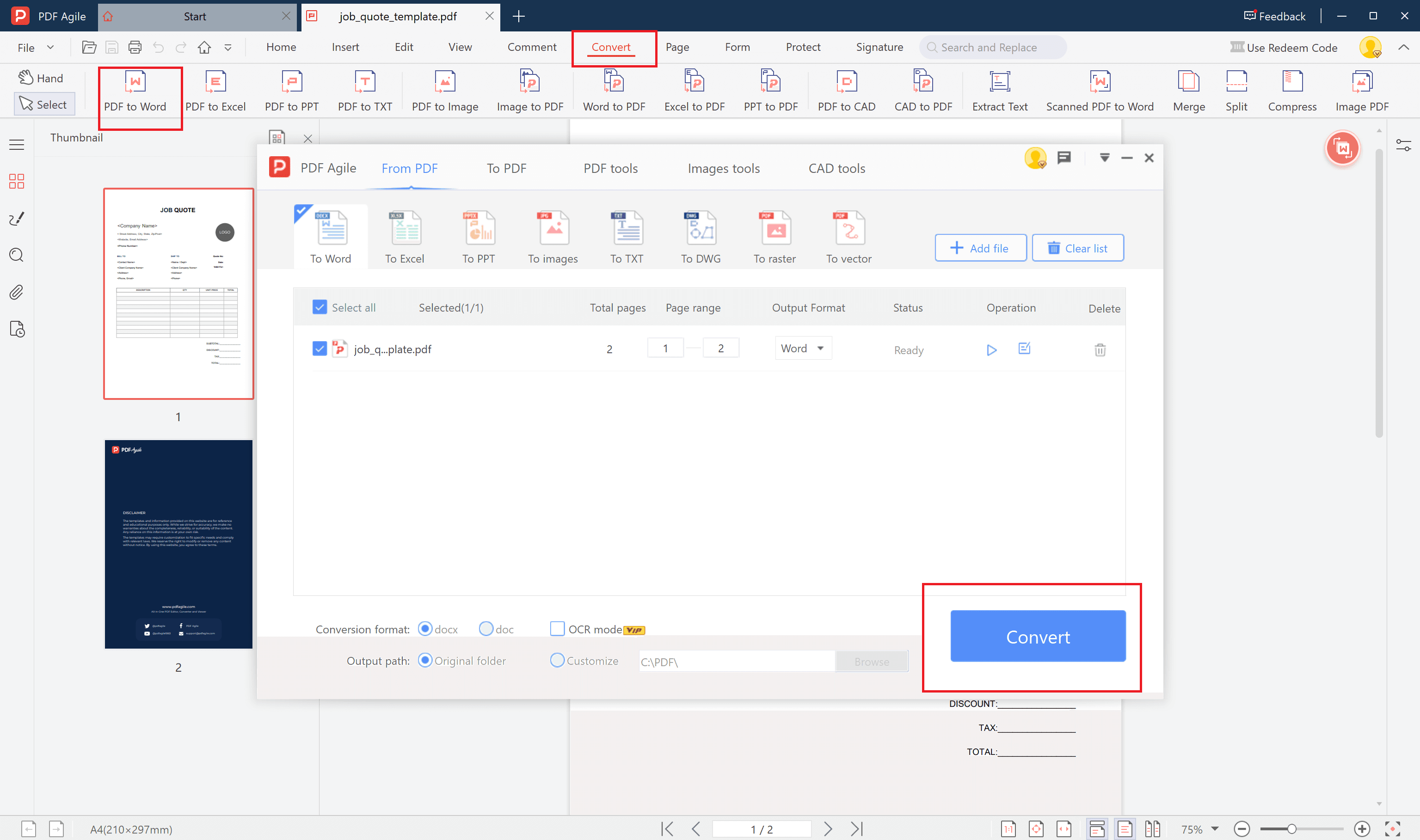 job quote template convert