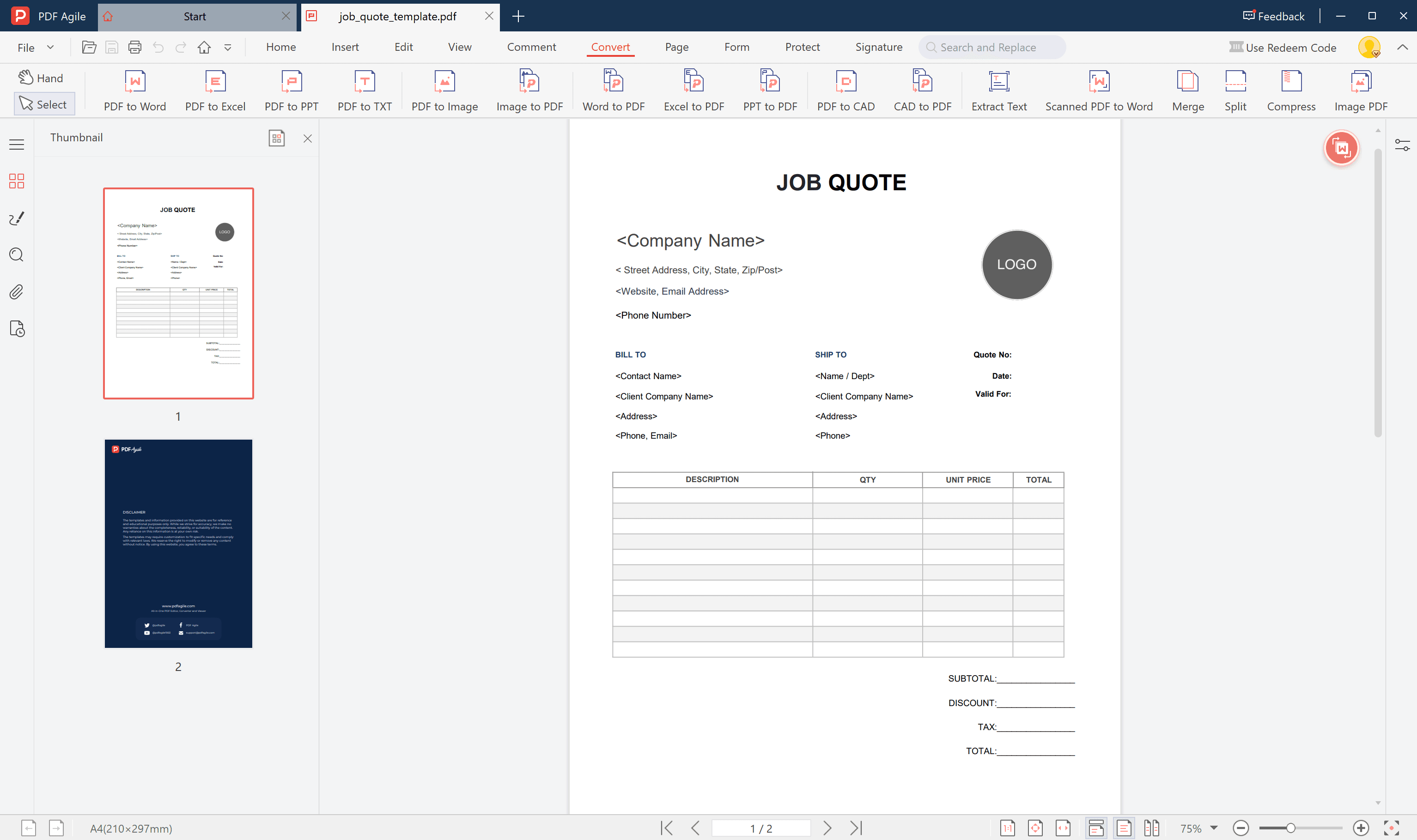 job quote template fill in