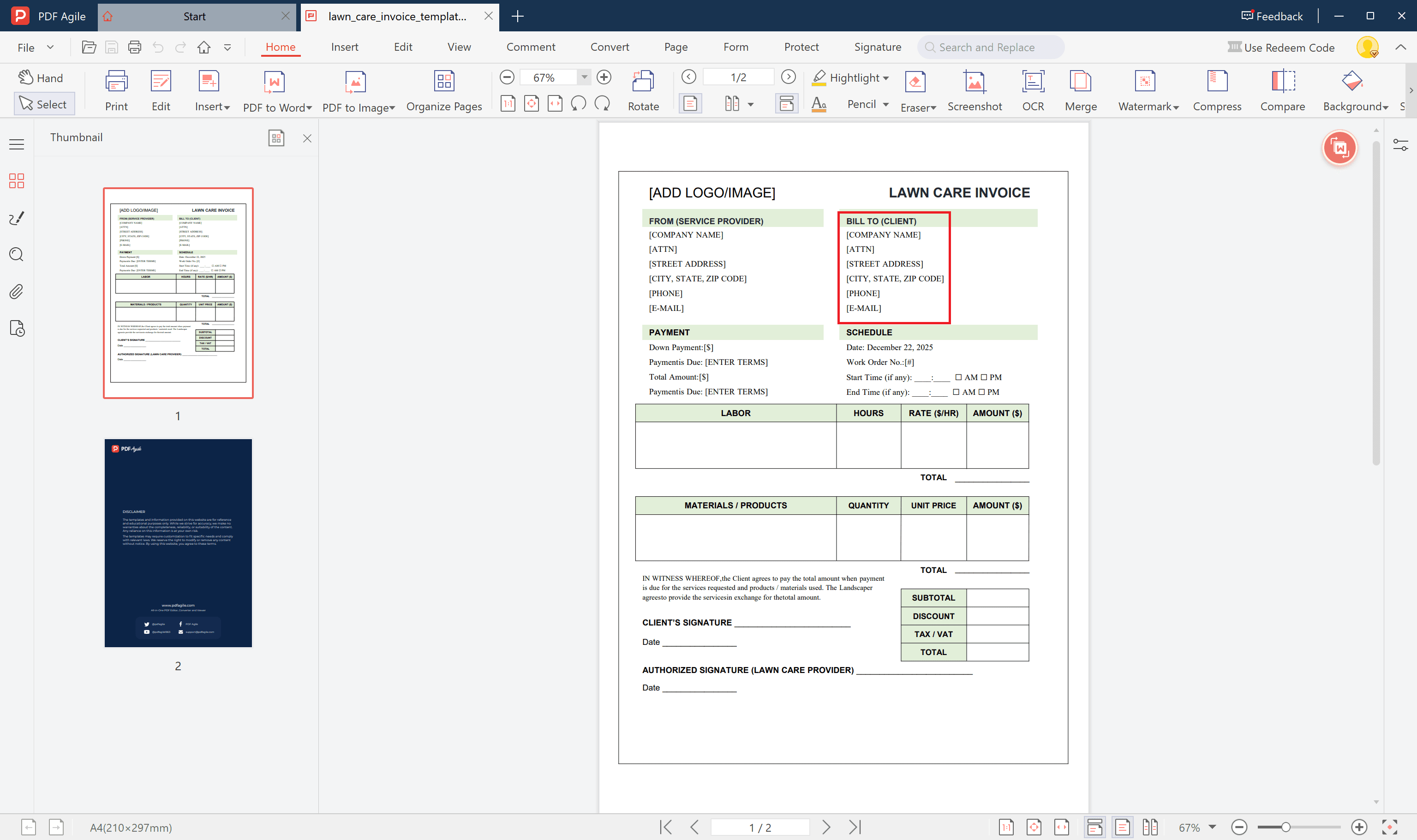 lawn care invoice template fill in client and job details