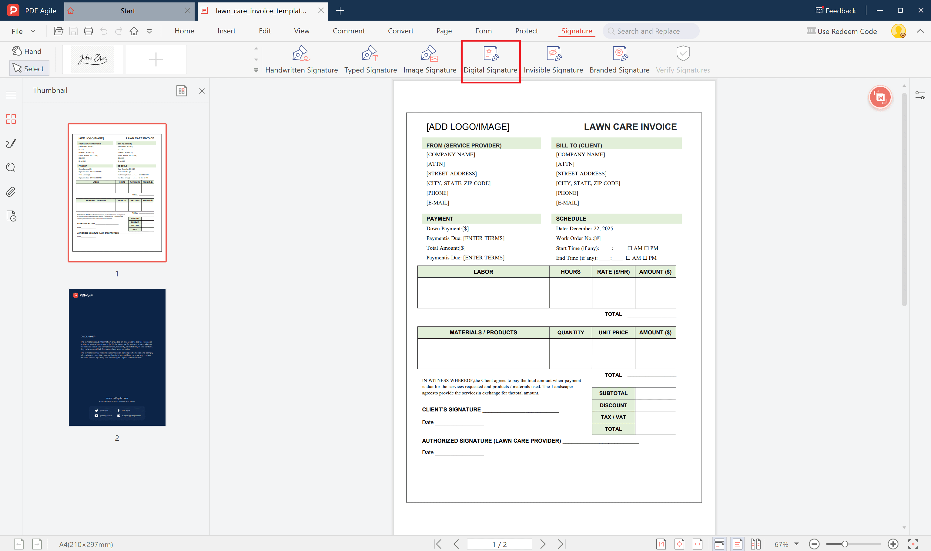 lawn care invoice template save