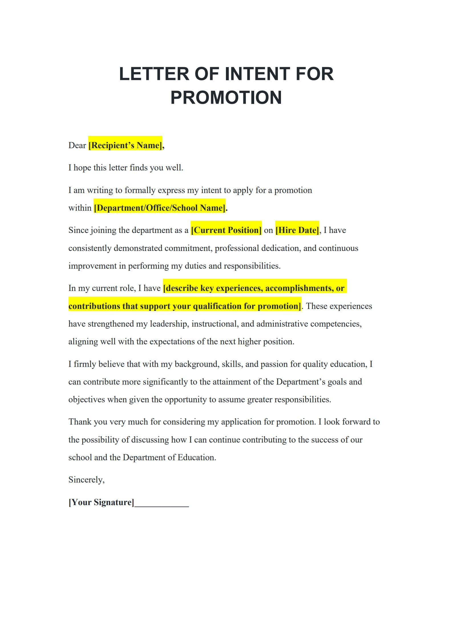 letter of intent for promotion