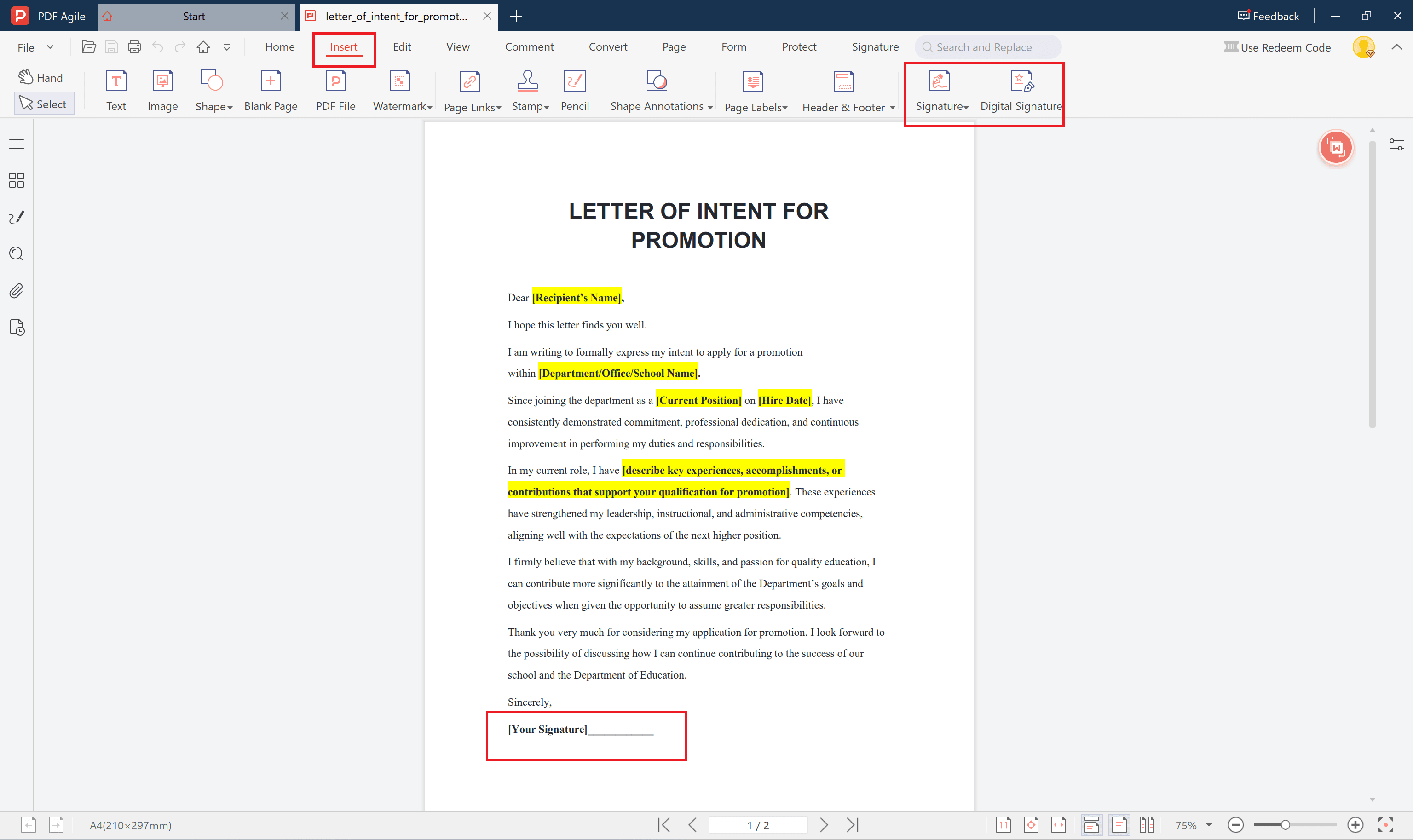 letter of intent for promotion add