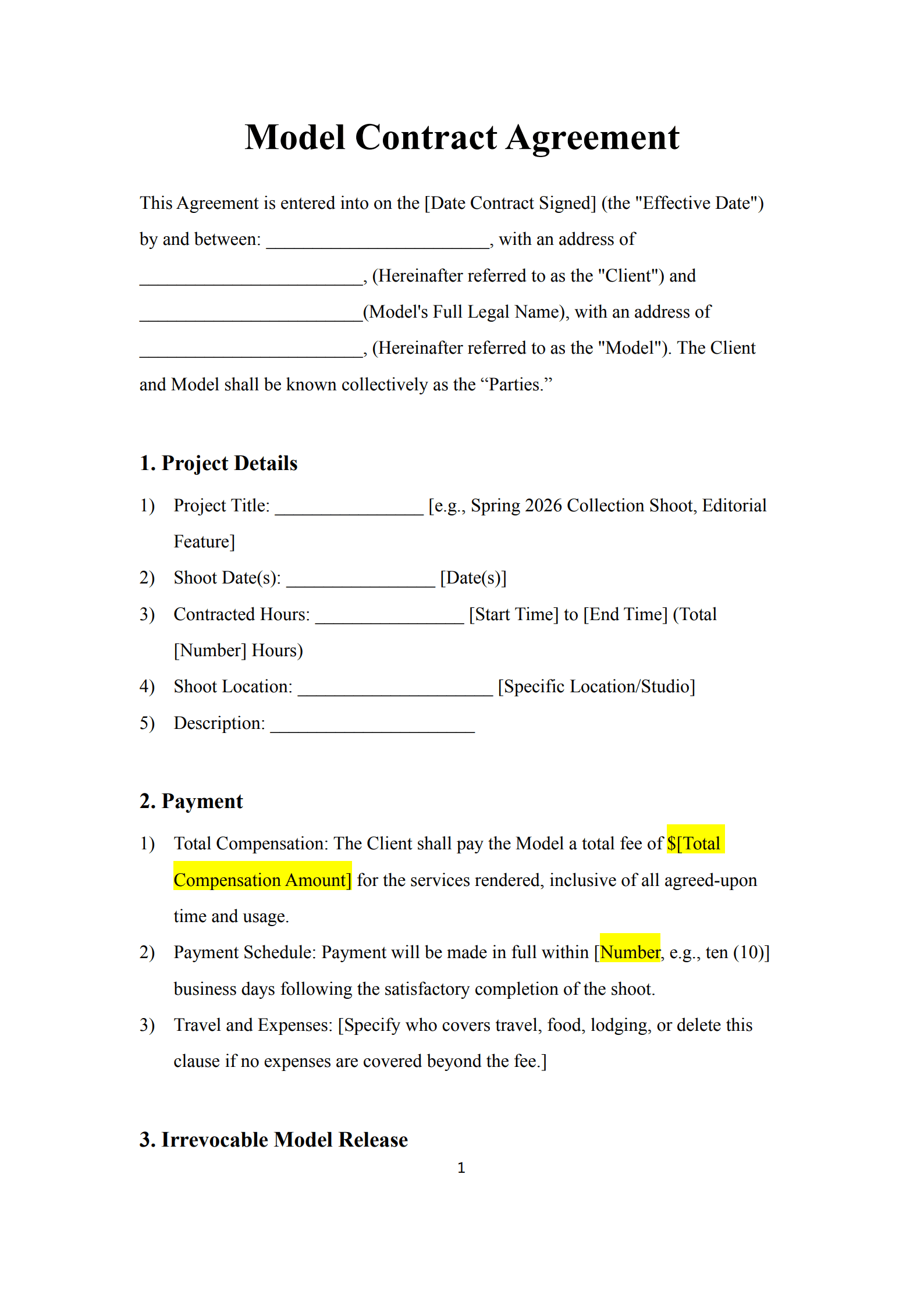 model contract agreement 1