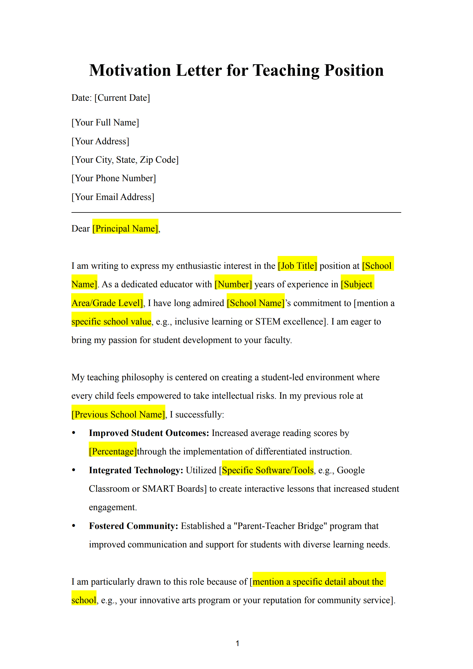 Key Components of a Teacher Motivation Letter