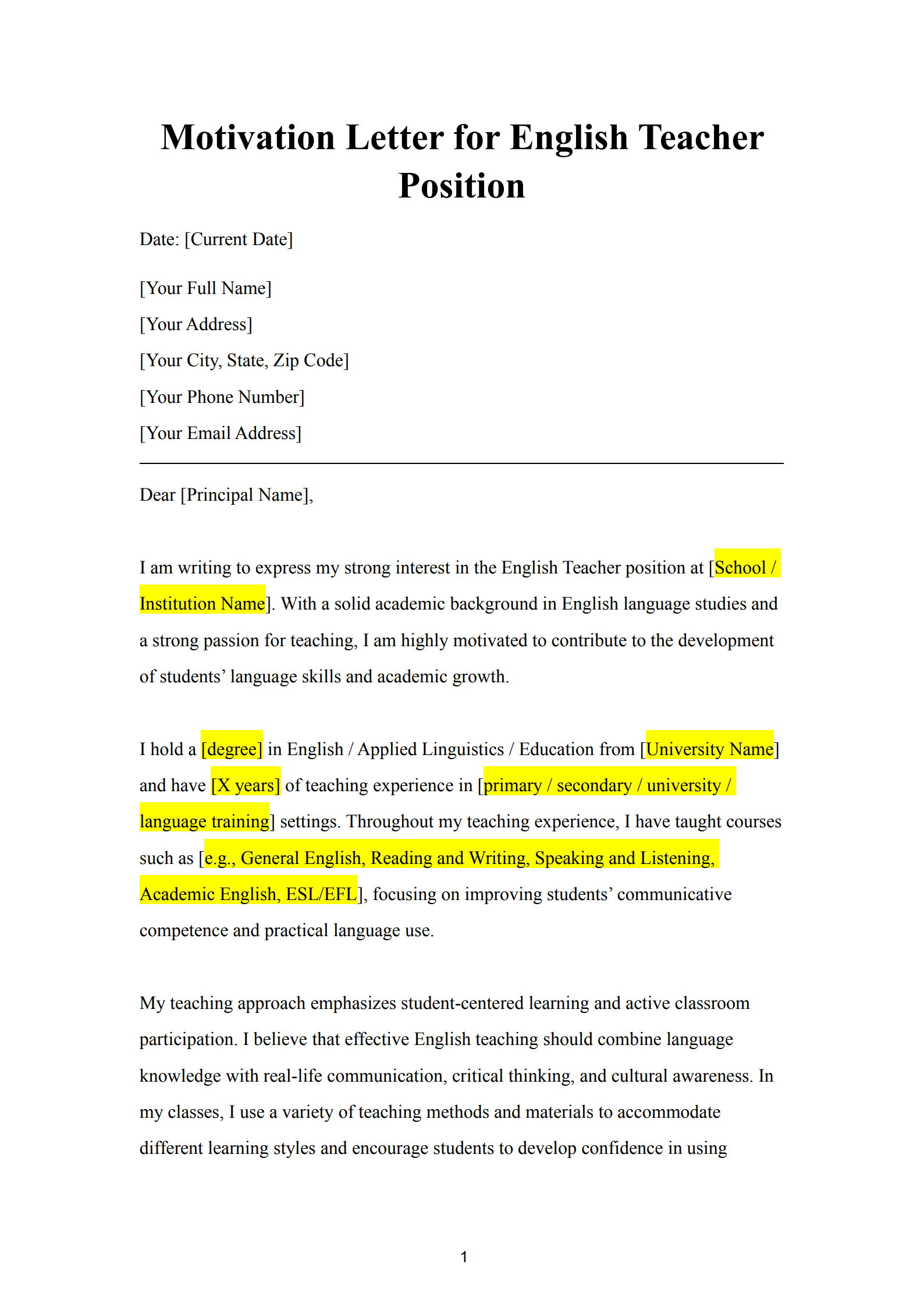 English Teacher Motivation Letter