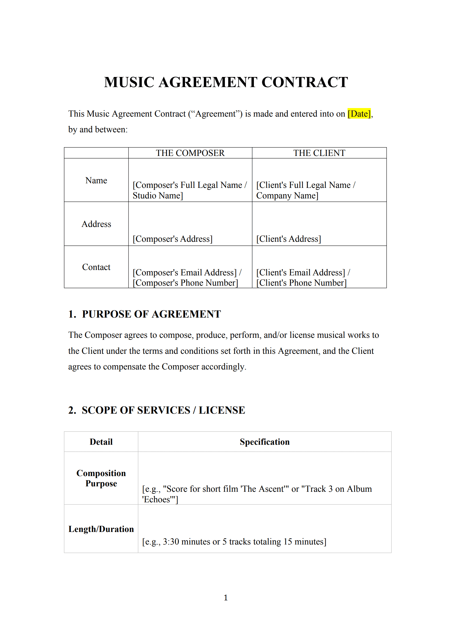 music agreement contract