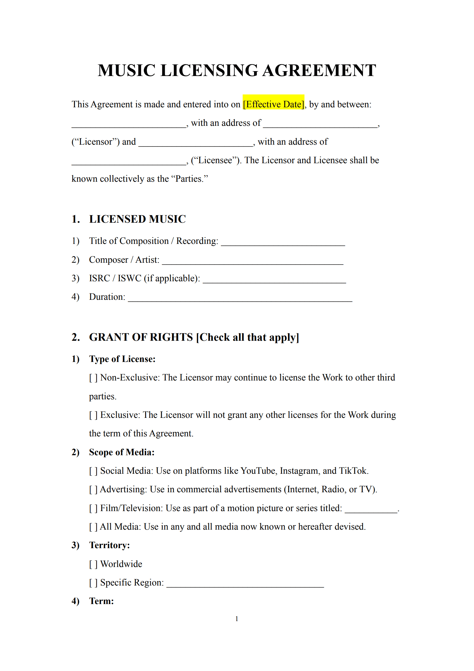 music licensing agreement 1