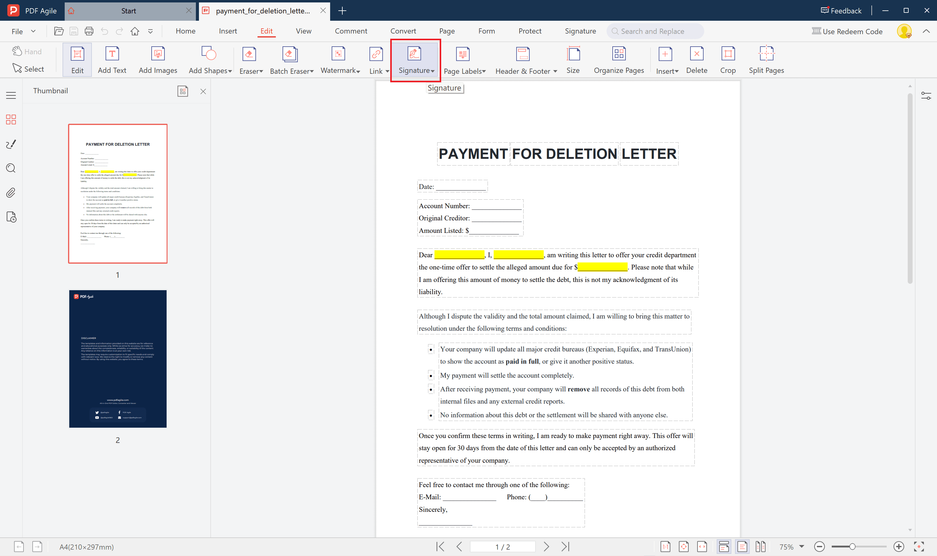 payment for deletion letter signature