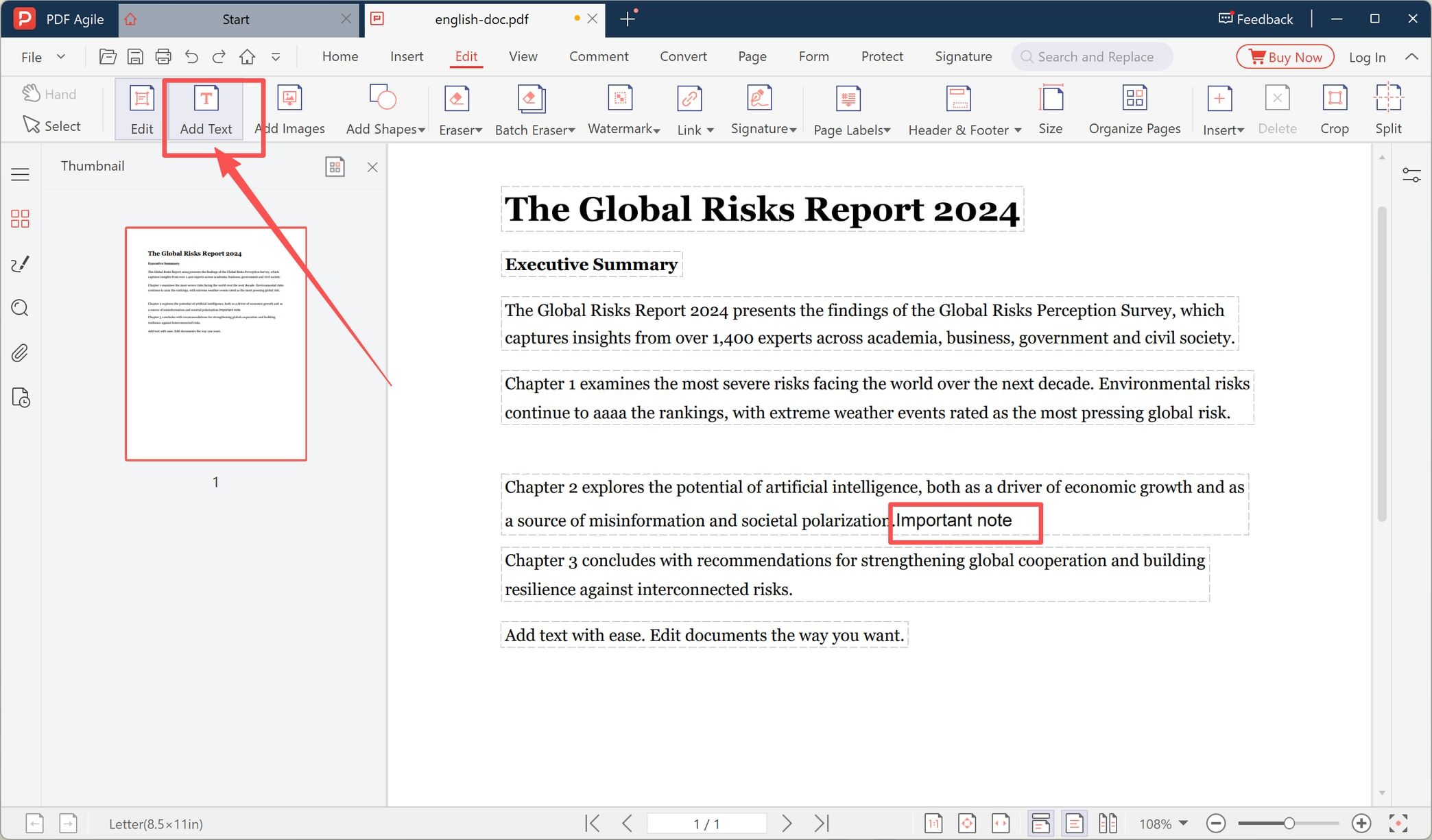 Add Text tool placing a new text box reading Important note on the page