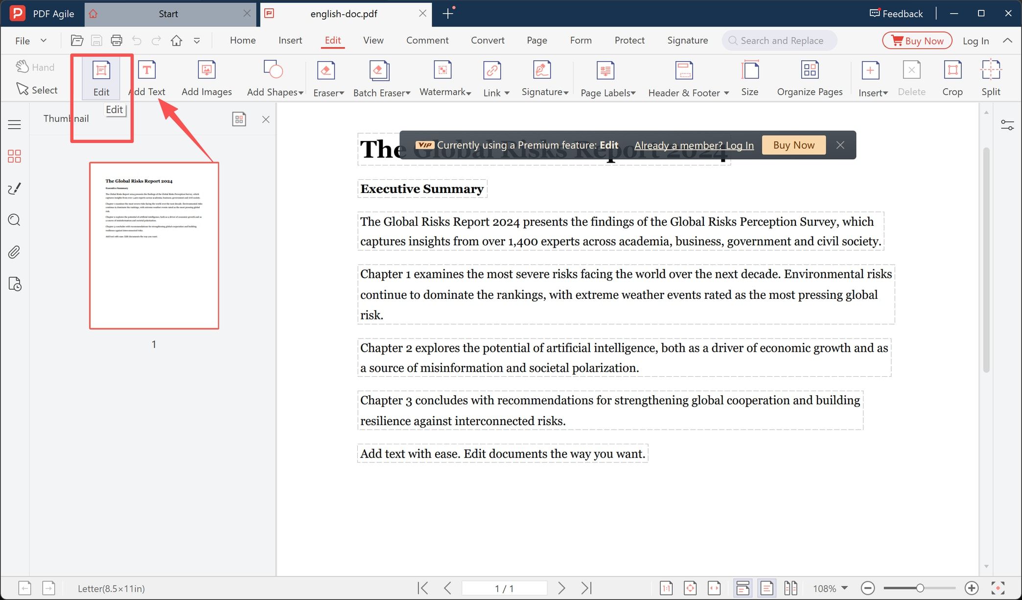 Paragraph selected under the Edit tab with a premium feature notice above the page