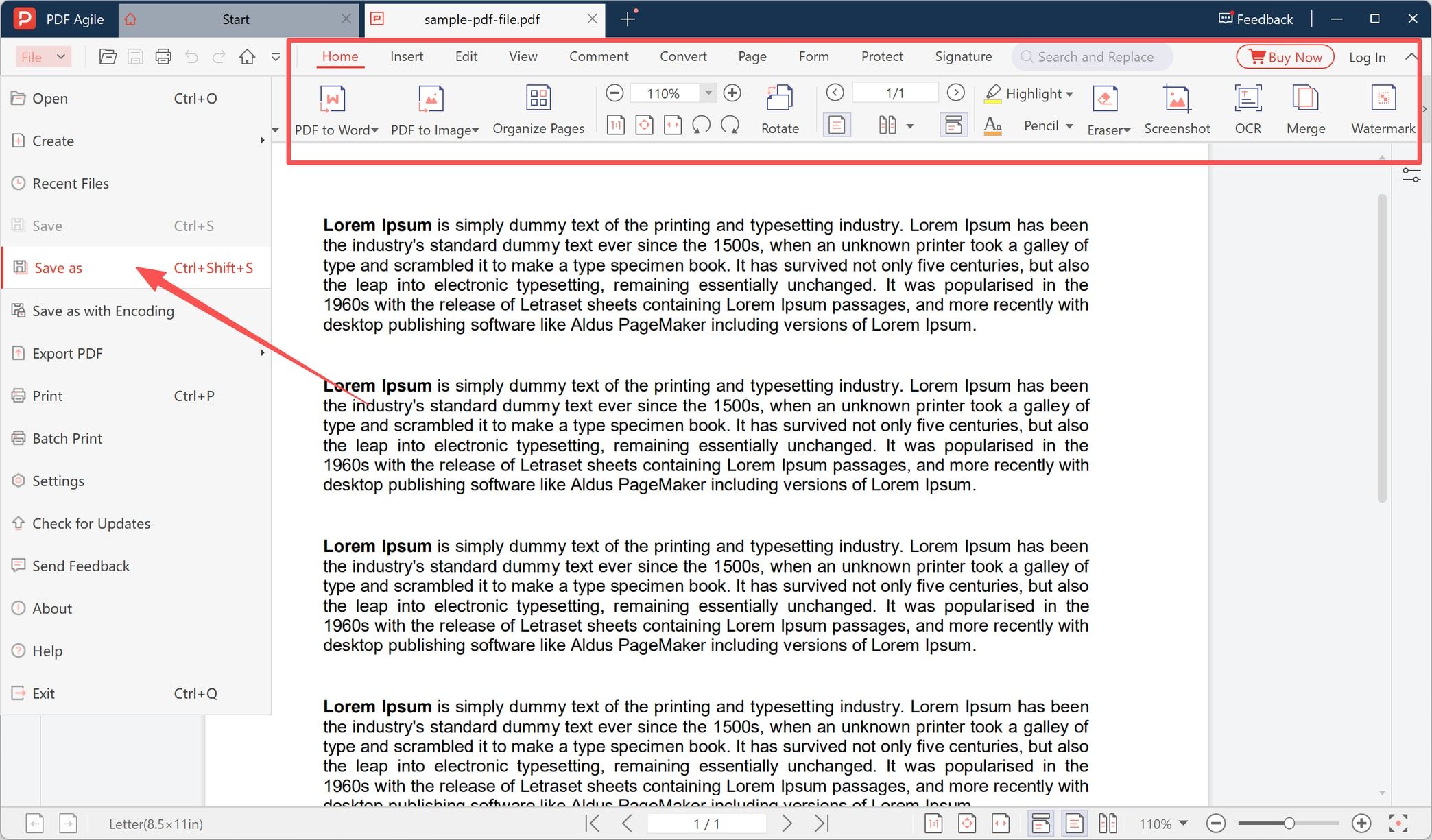 Save as command in the File menu of the PDF Agile desktop app