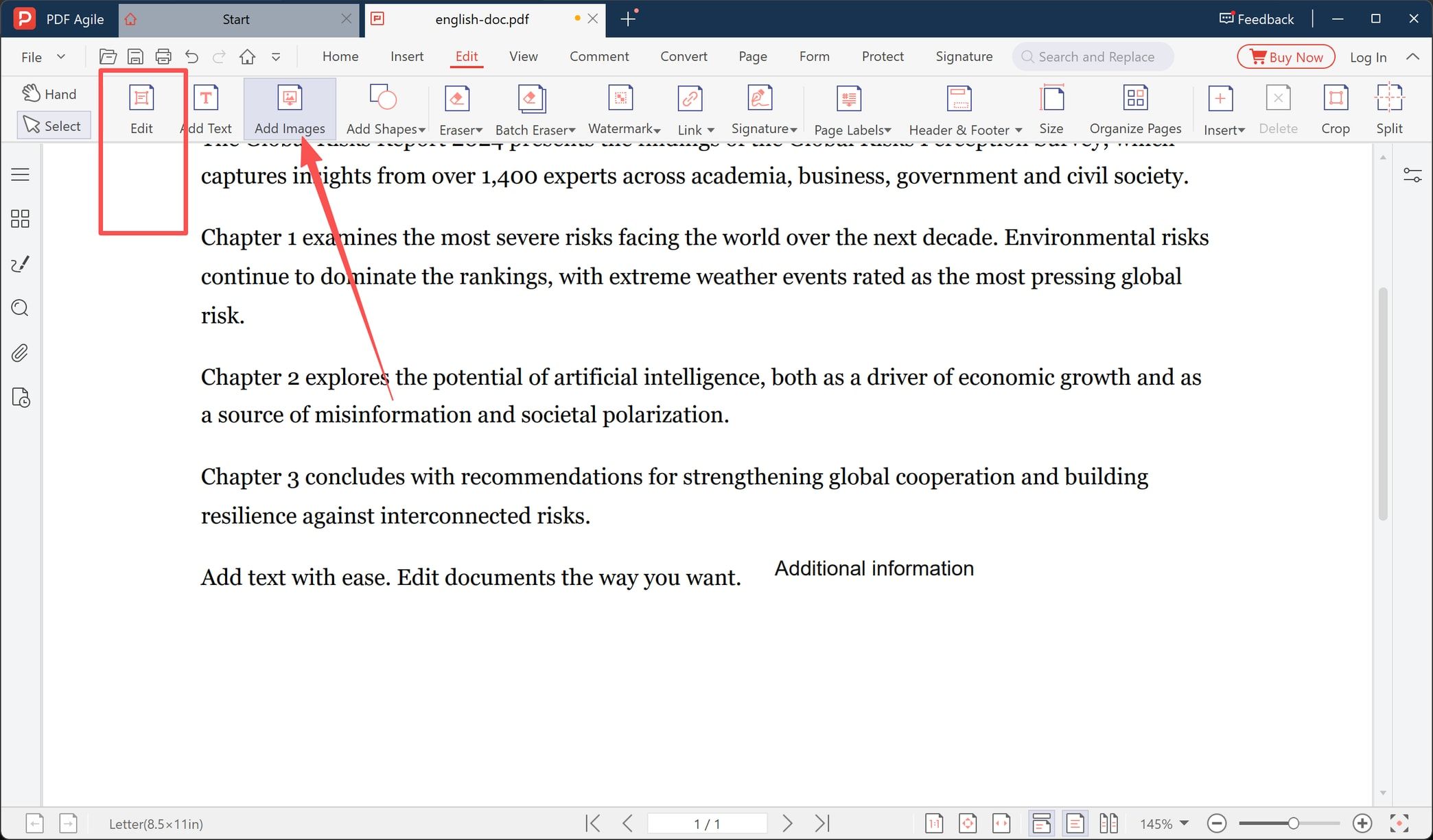 Add Images tool selected on the Edit tab of a PDF editor