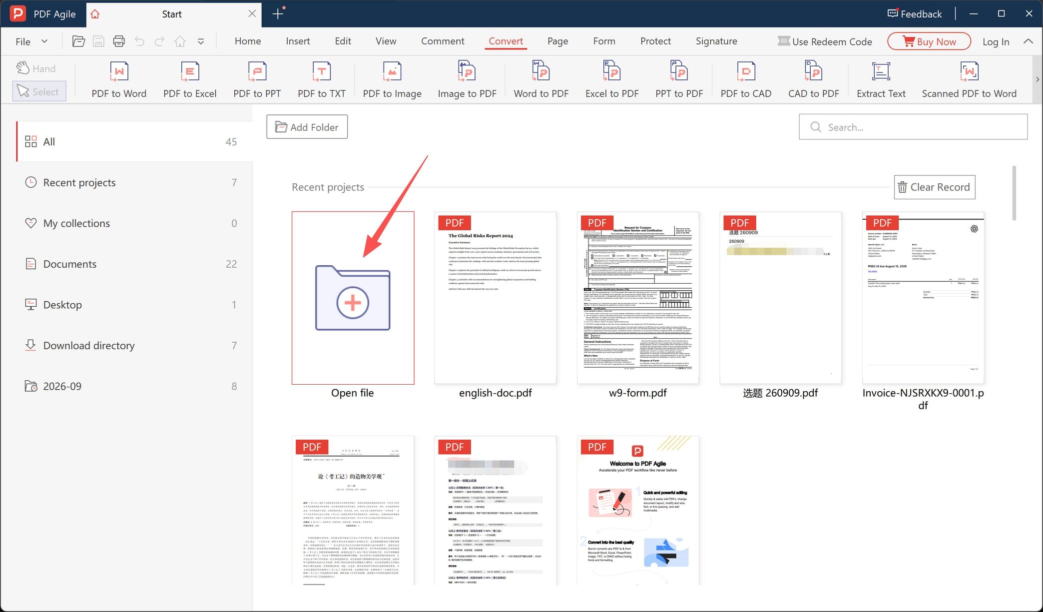 Start screen of a PDF editor with the Open file tile and recent PDF projects