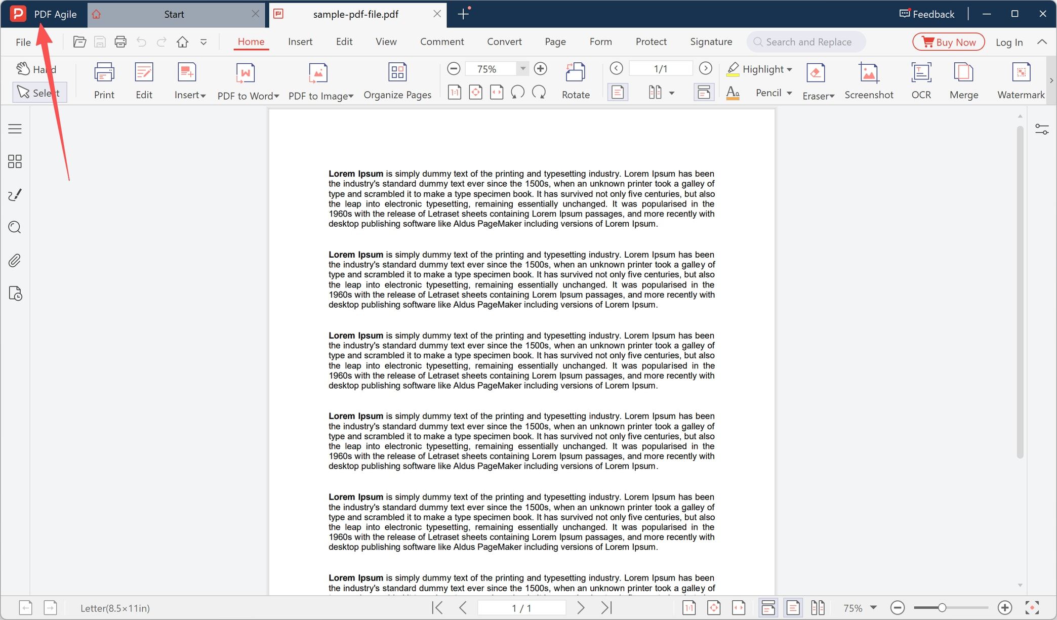 PDF open in the PDF Agile desktop editor with Edit and page tools on the Home tab