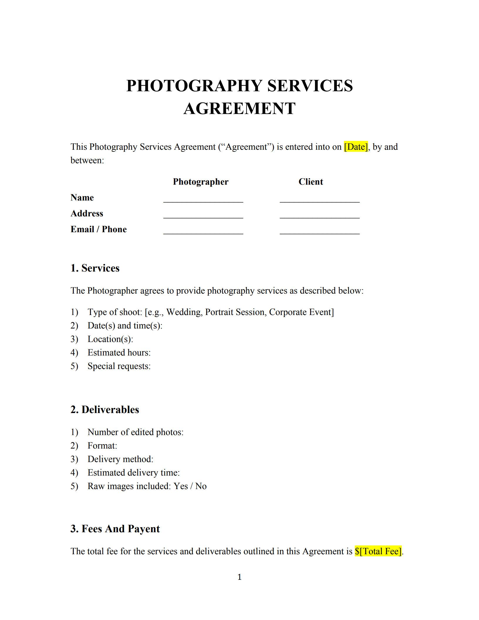 photography contract template 1