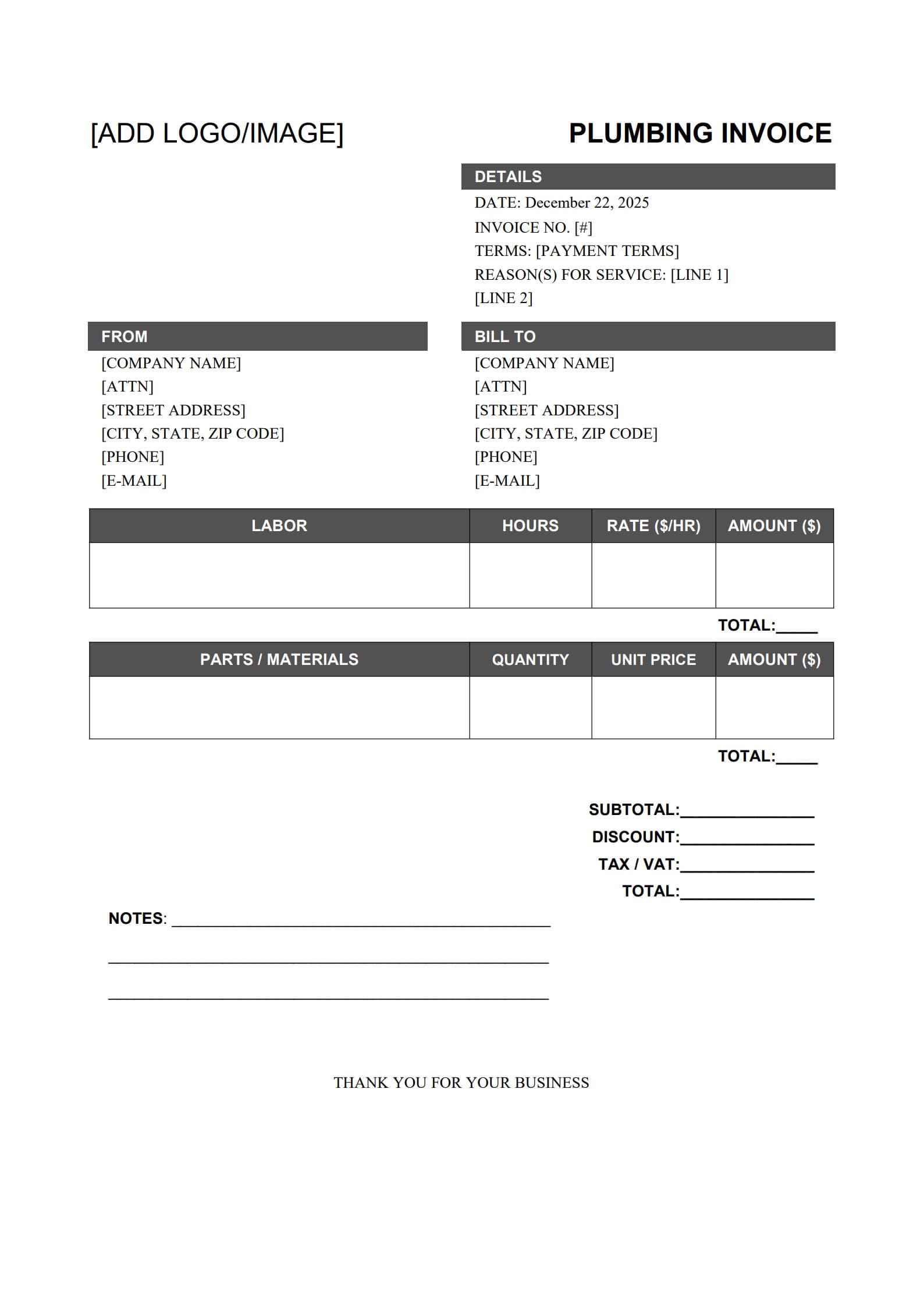 plumbing invoice template