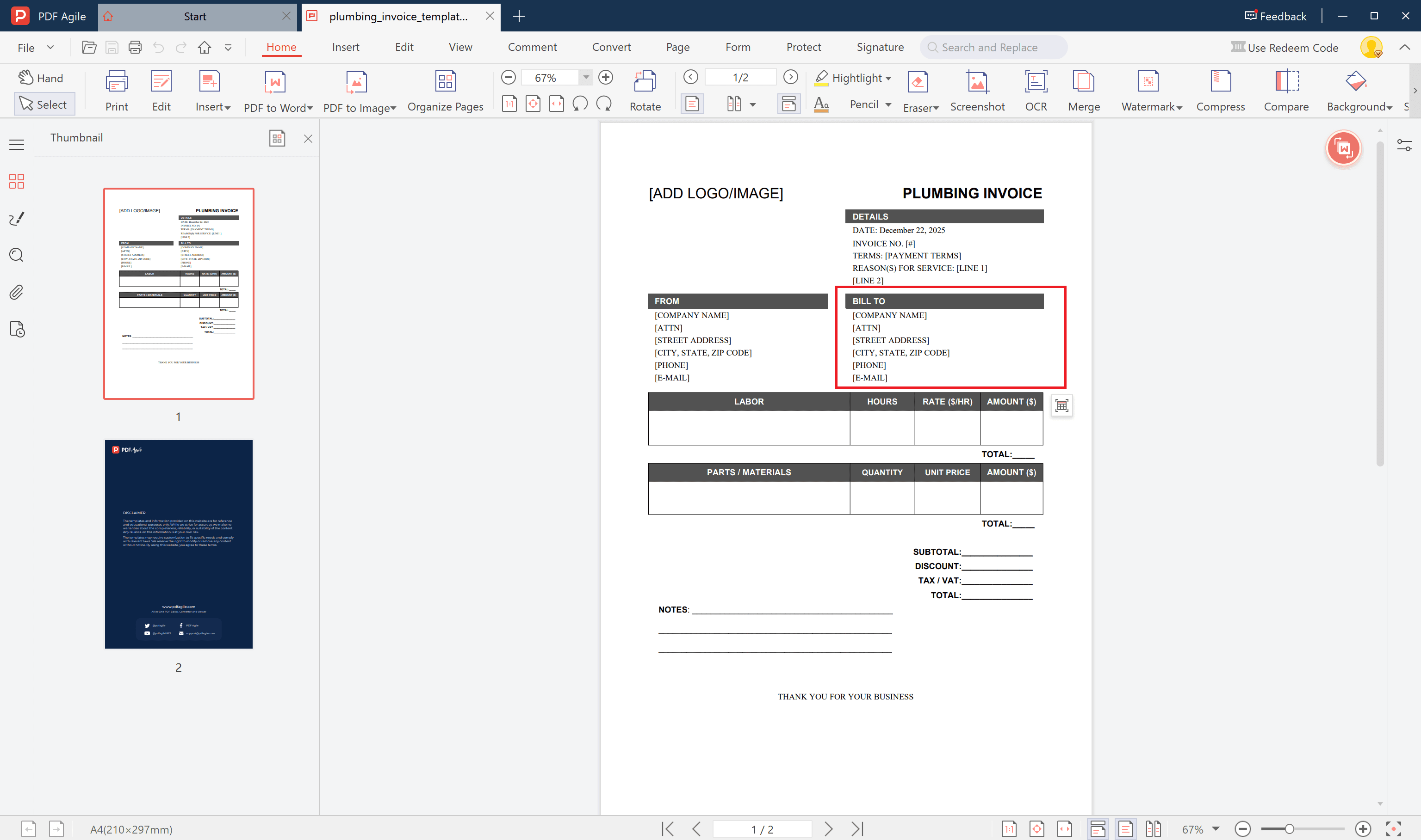 plumbing invoice template enter