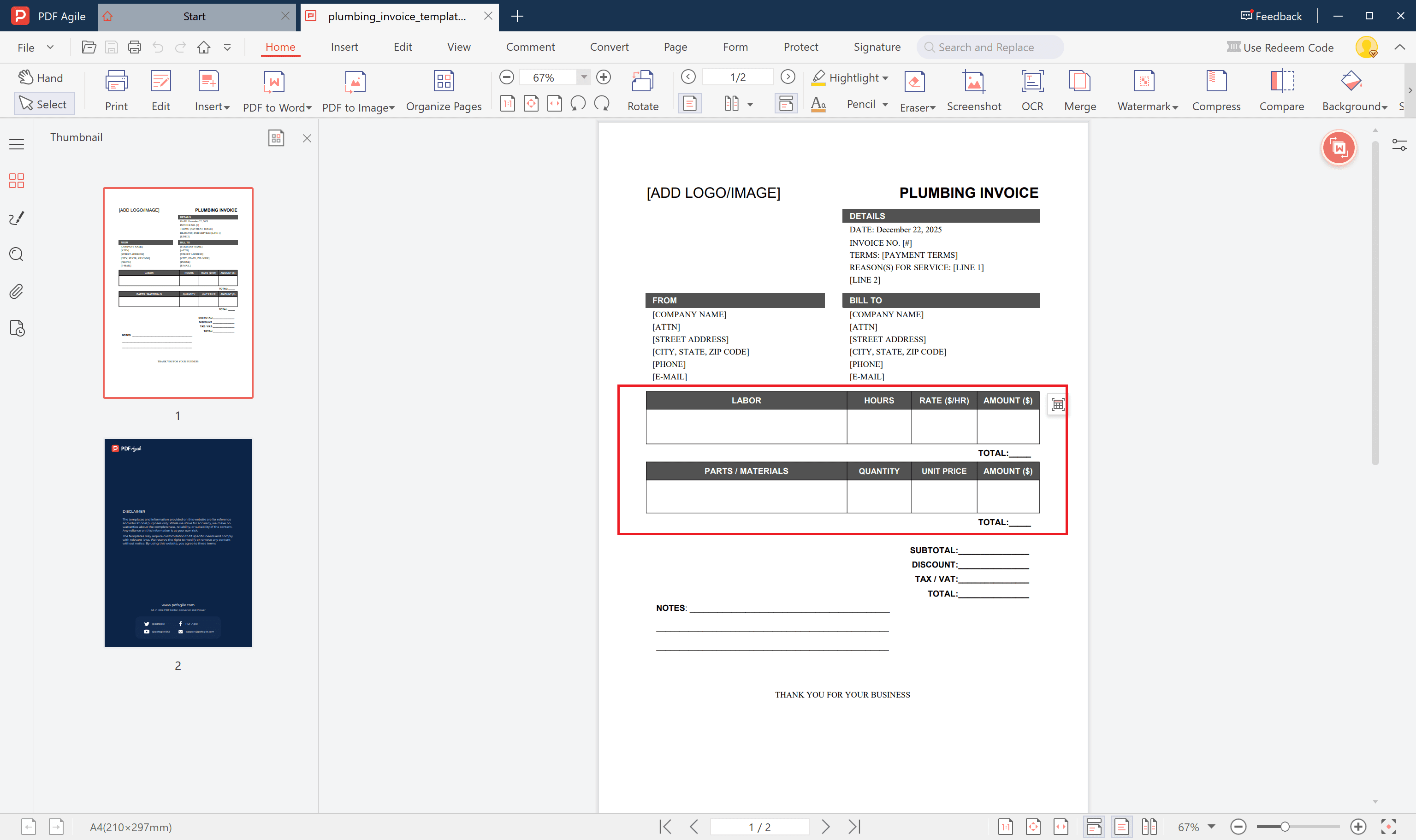 plumbing invoice template itemize
