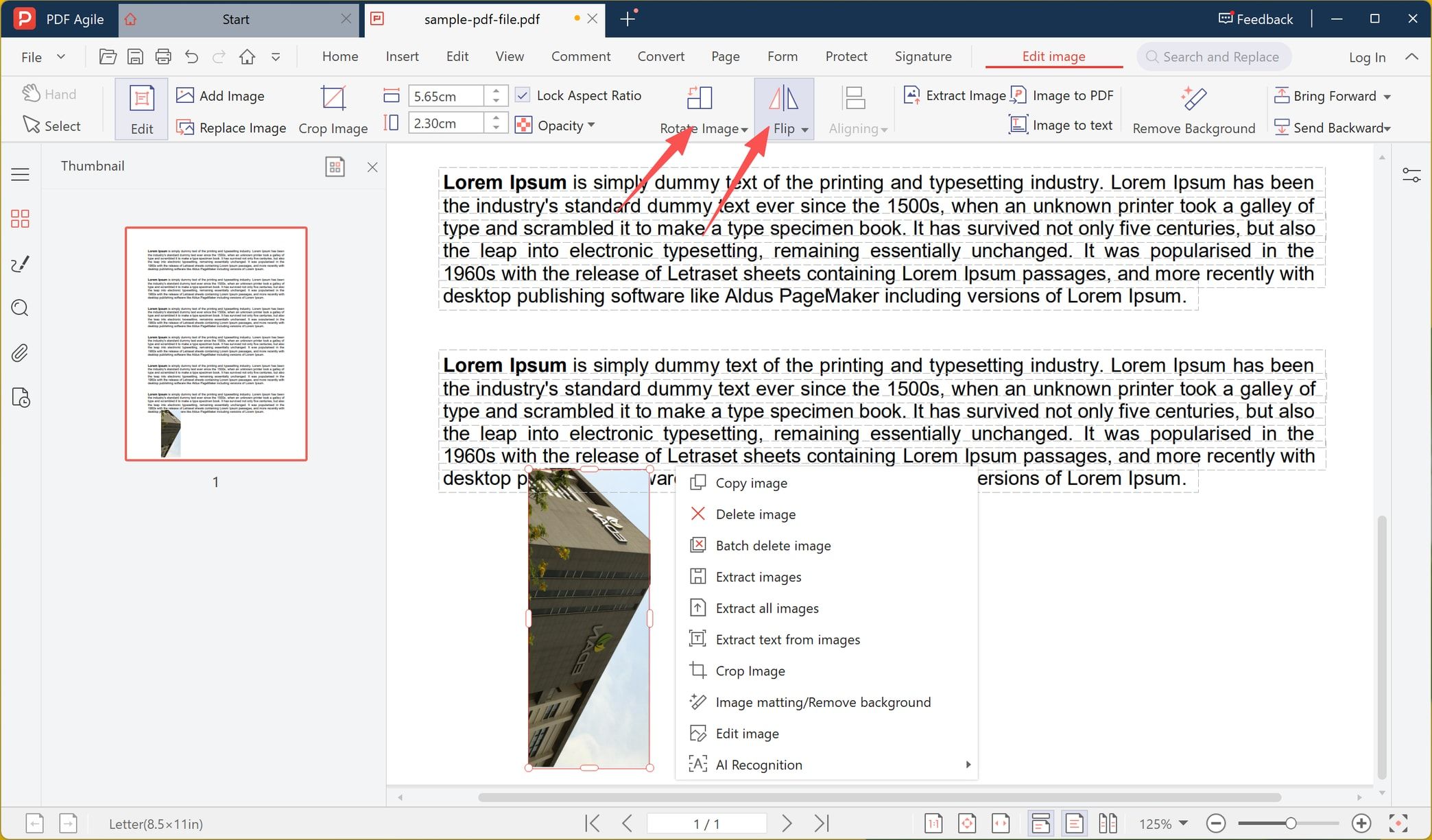 The selected photo turned a quarter turn on the page while Rotate Image and Flip stay highlighted