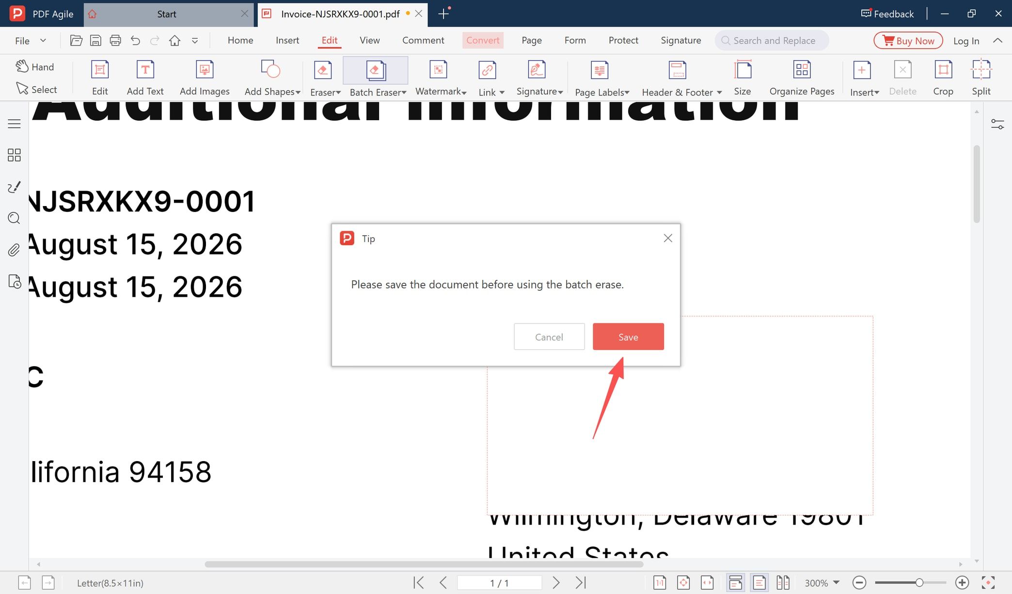 Tip dialog asking to save the document before using the batch erase, with the Save button marked